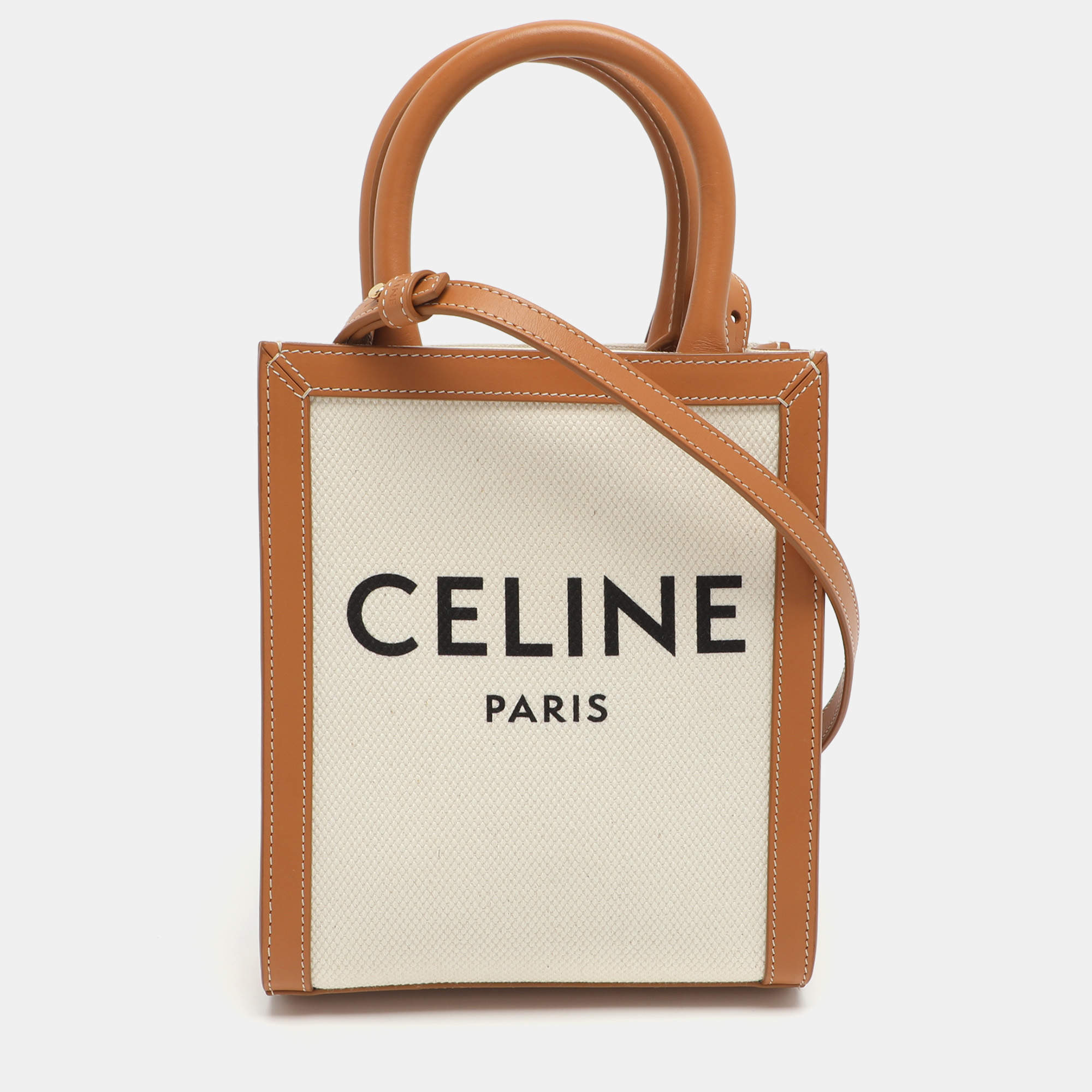 Pre Owned Celine Cabas Mini Tan/White Canvas and Leather Vertical Tote