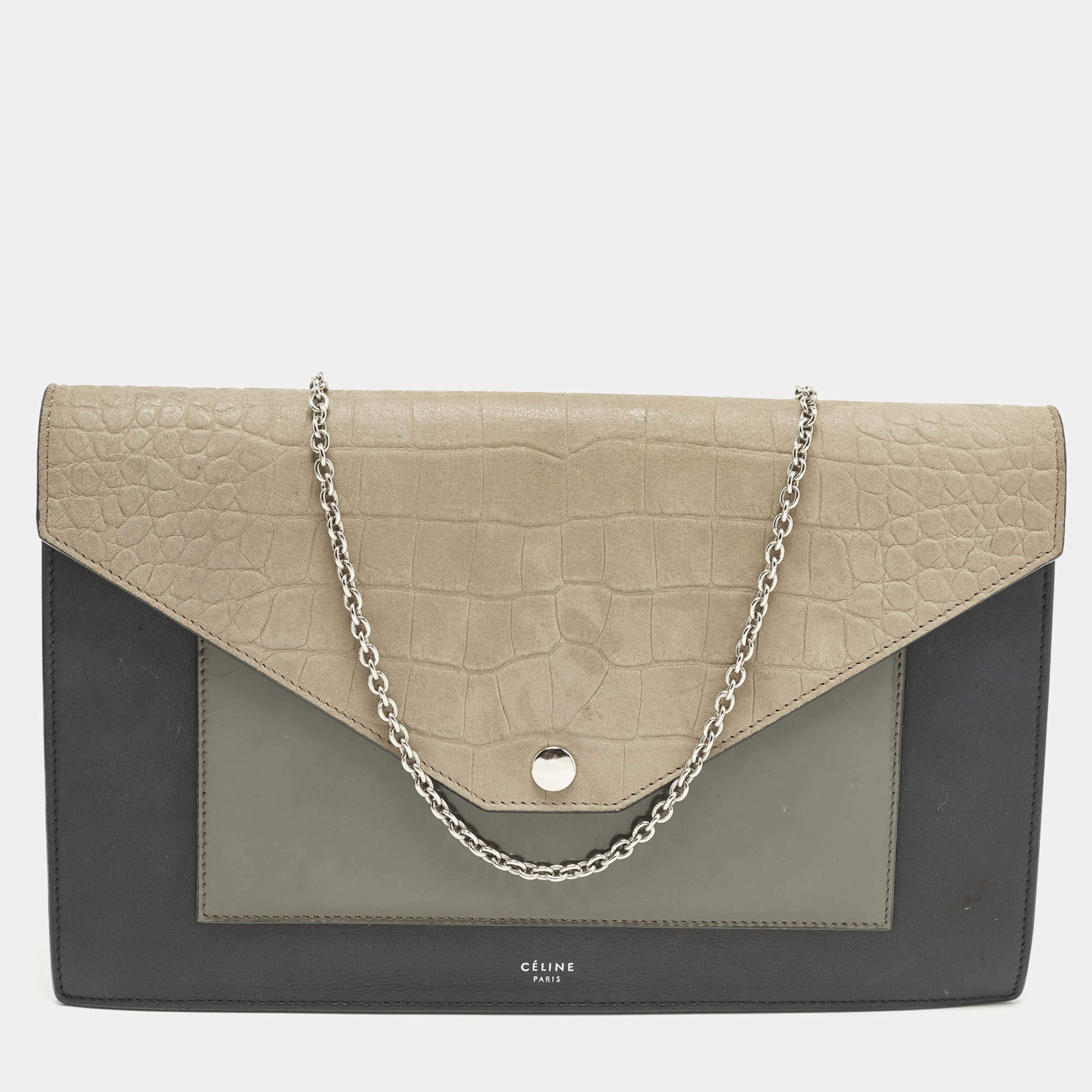 مملوكة مسبقًا Celine Pocket Envelope Tricolor Croc Embossed Suede and Leather Chain Clutch