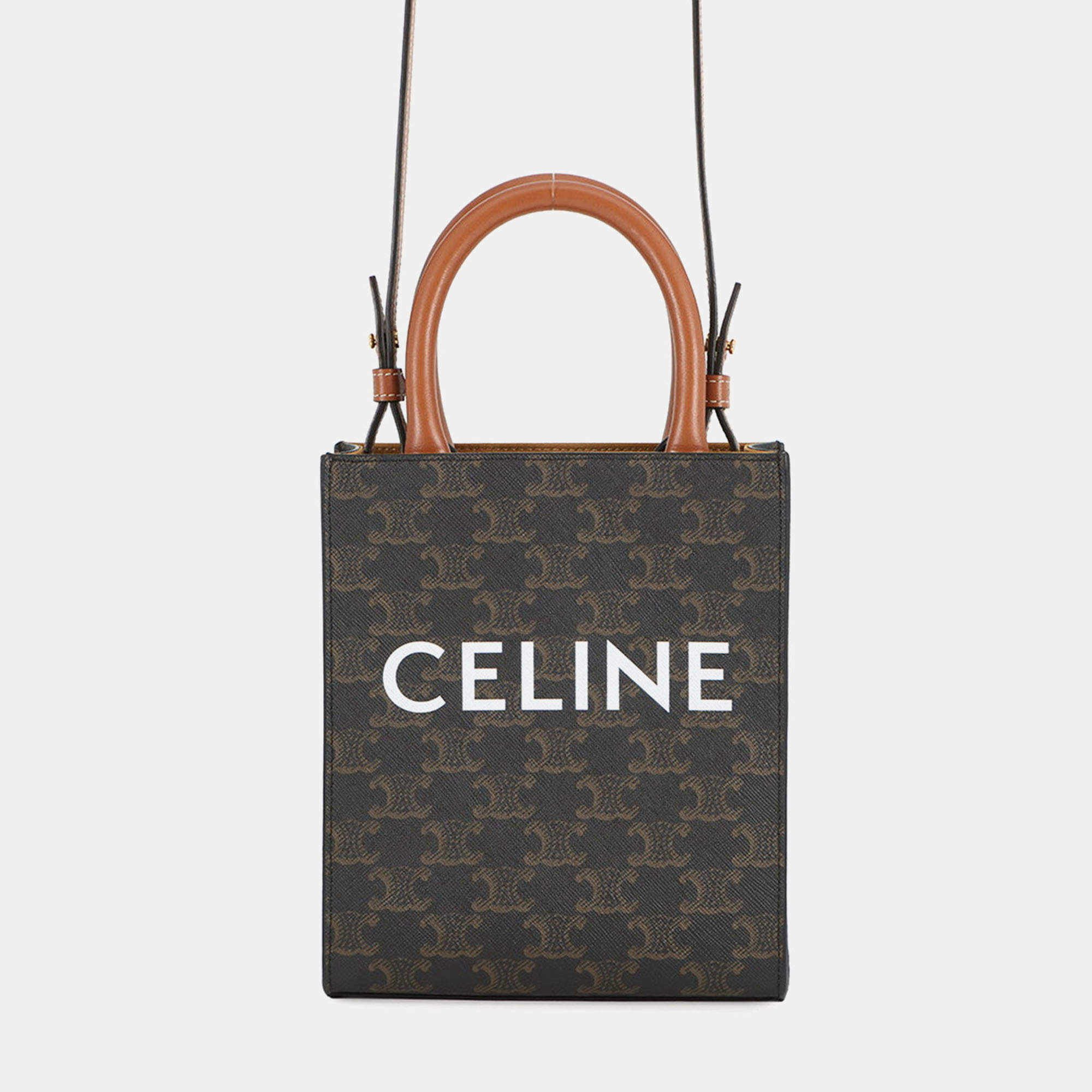 Pre Owned Celine Triomphe Vertical Cabas Mini Tan Triomphe Canvas Calfskin Leather Tote Bag