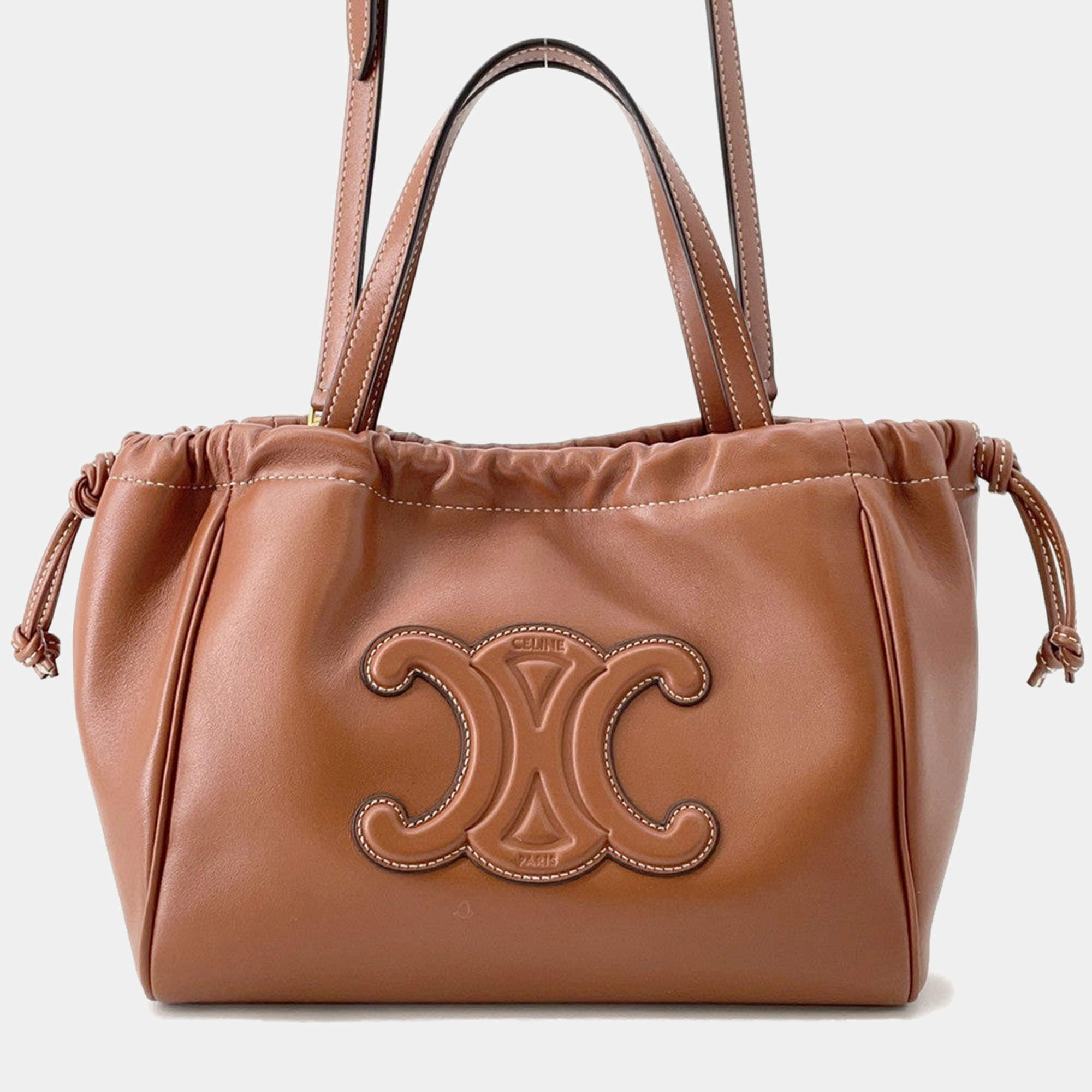 مملوكة مسبقًا Celine Cuir Triomphe Cabas Drawstring Tan Leather Size Small