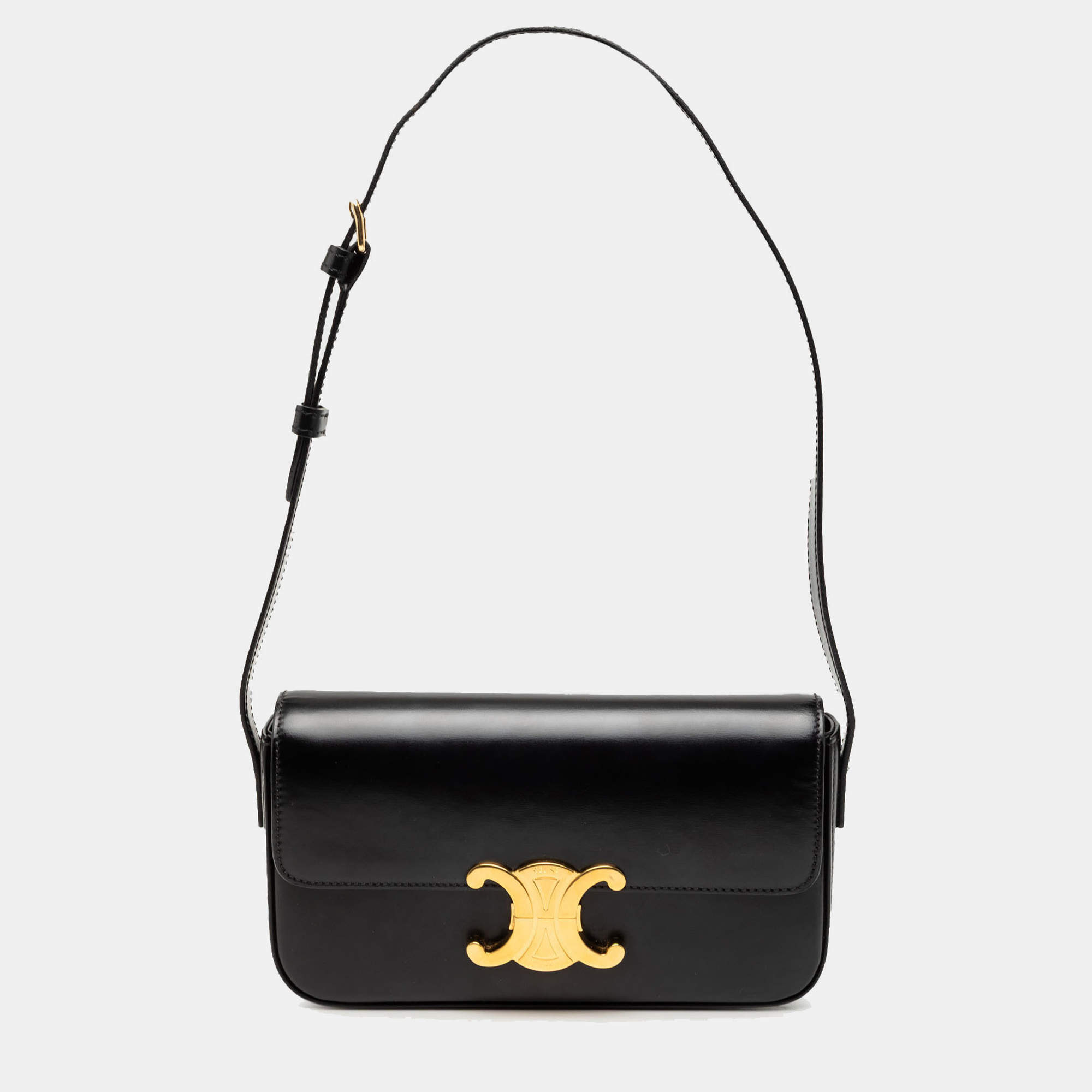 Pre Owned Celine Black Shiny Calfskin Triomphe Claude Shoulder Bag