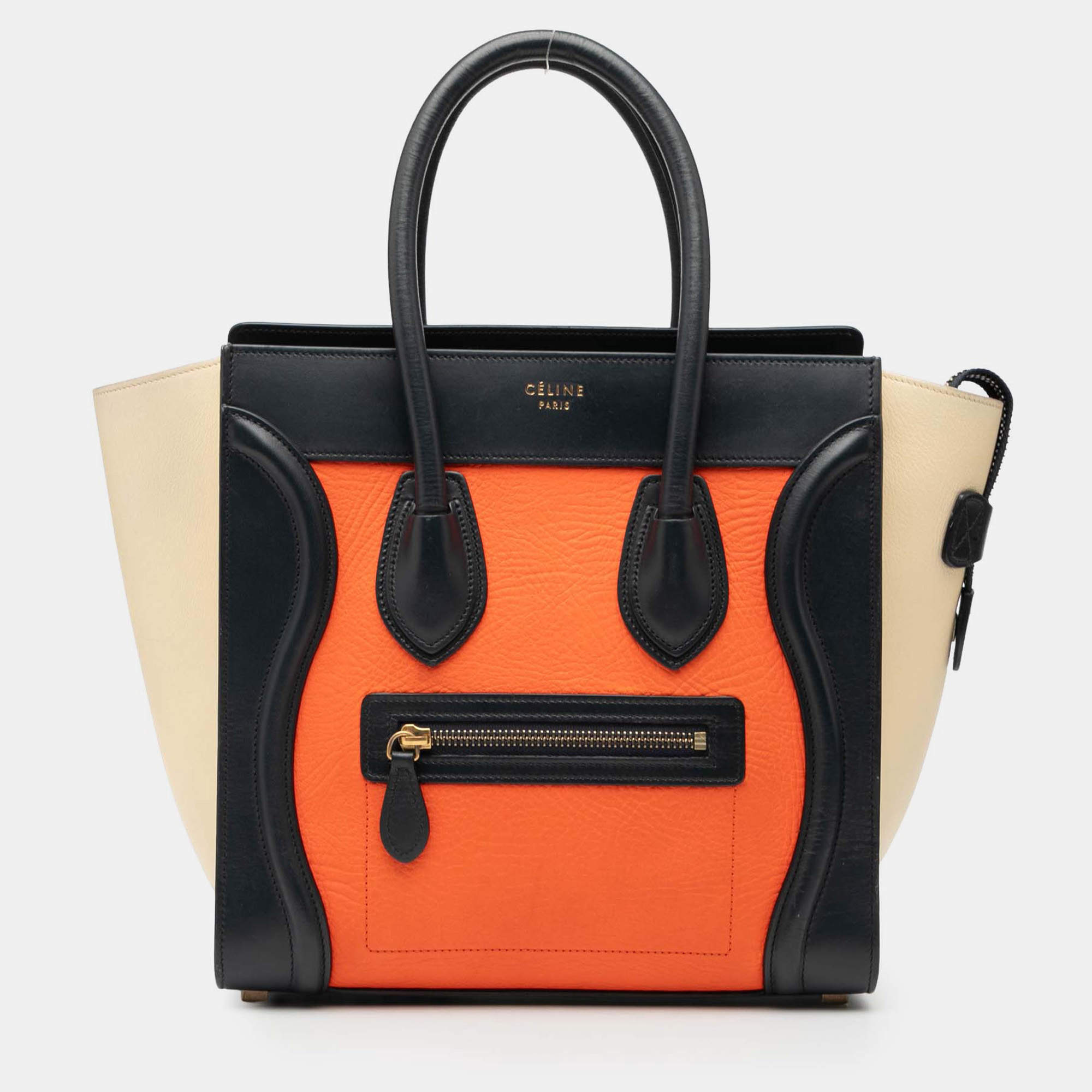 Pre Owned Celine Orange Micro Tricolor Leather Luggage Tote