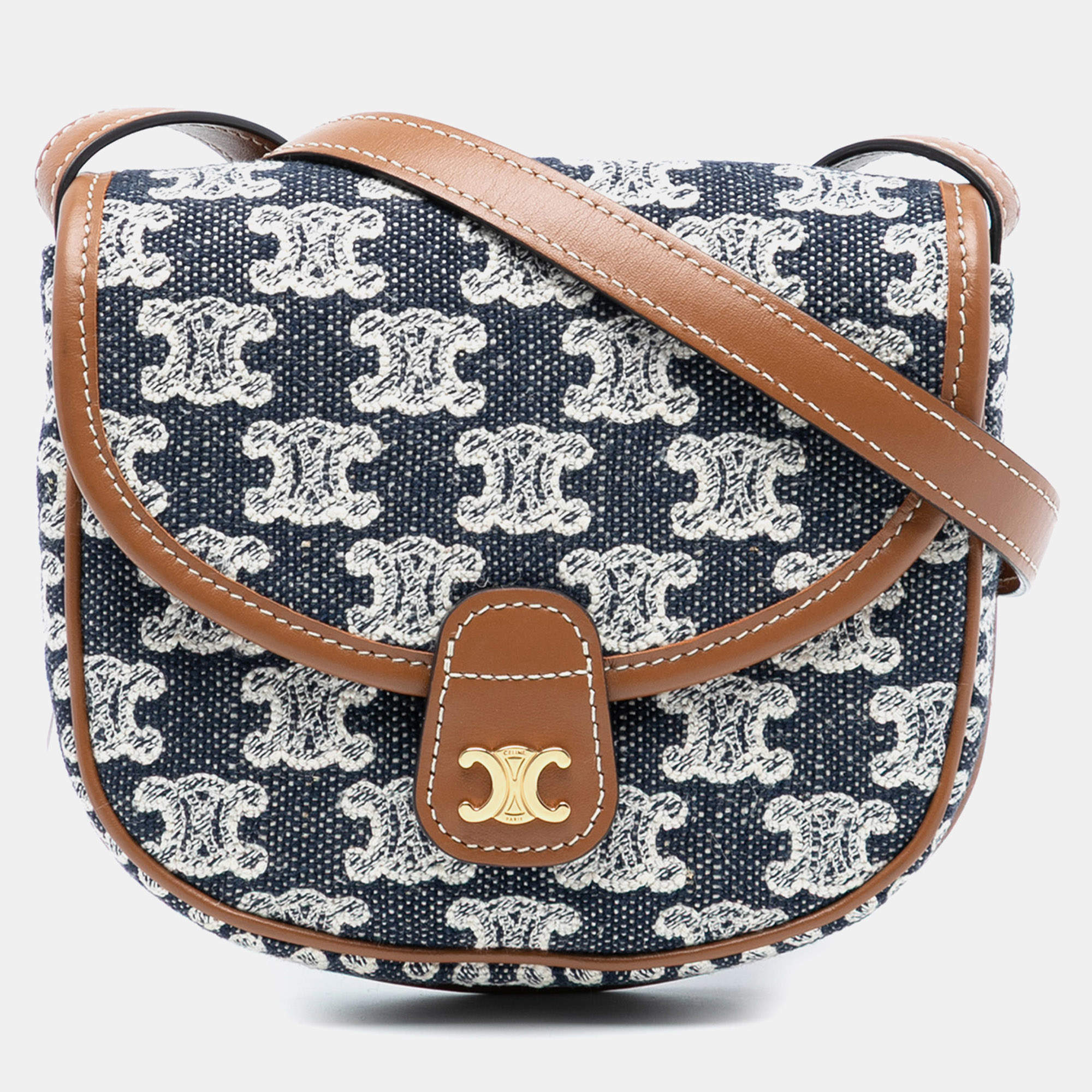 مملوكة مسبقًا Celine Blue Brown Mini Triomphe Canvas and Calfskin Besace Crossbody