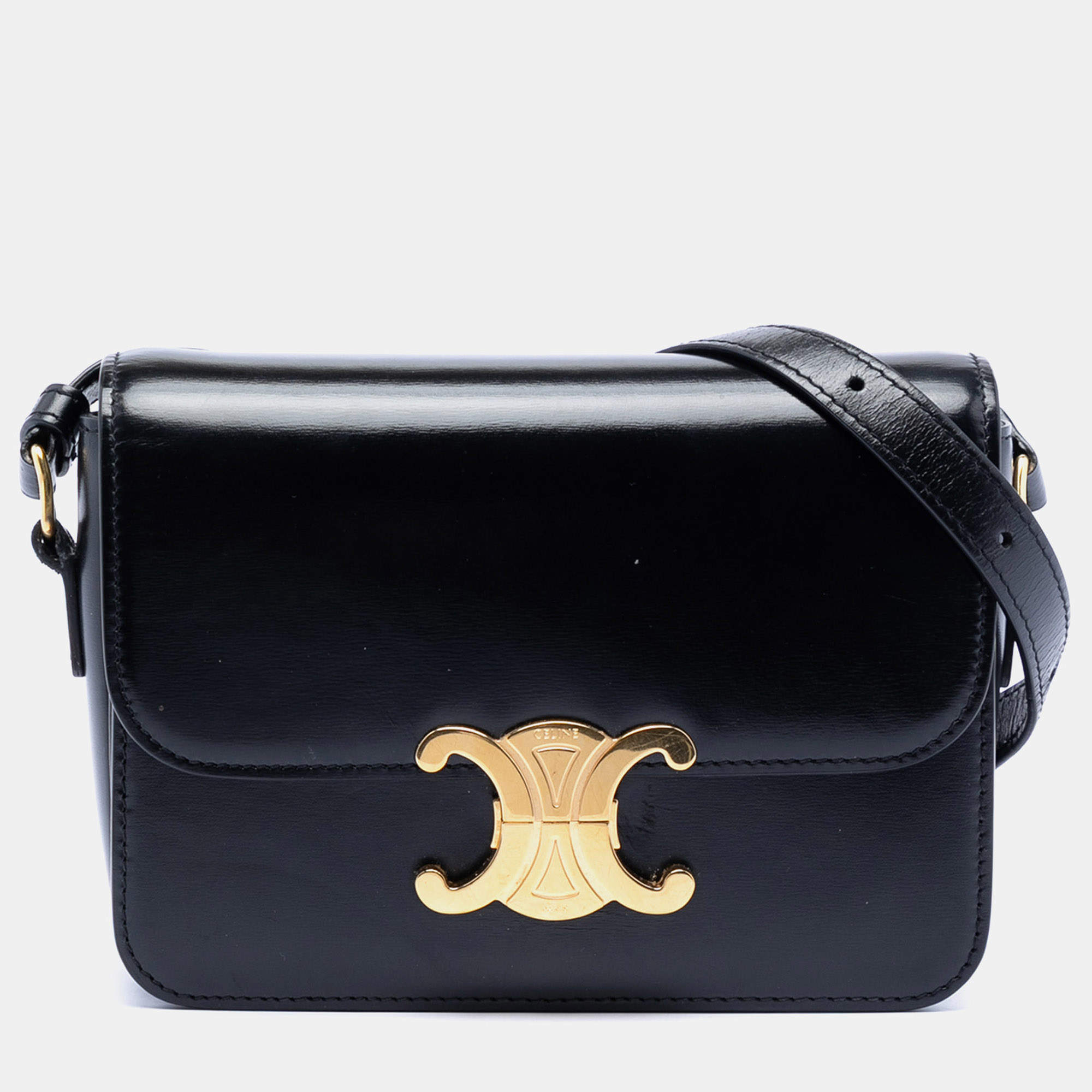 مملوكة مسبقًا Celine Black Teen Shiny Calfskin Triomphe Crossbody