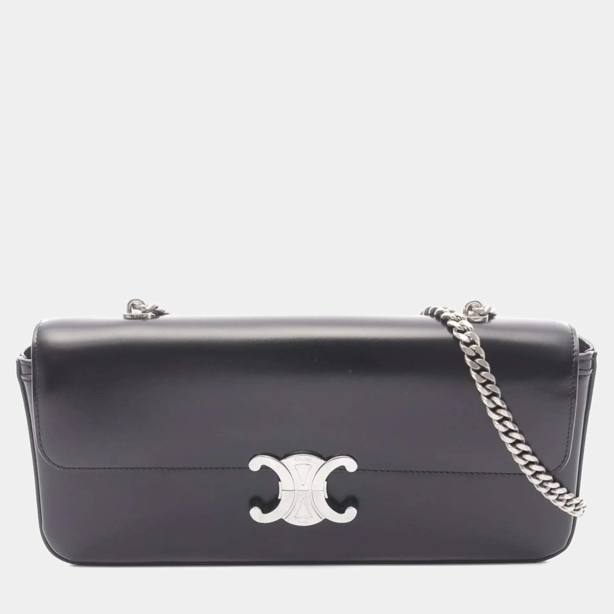 Pre Owned Celine Claude Triomphe Shoulder Bag Leather Black