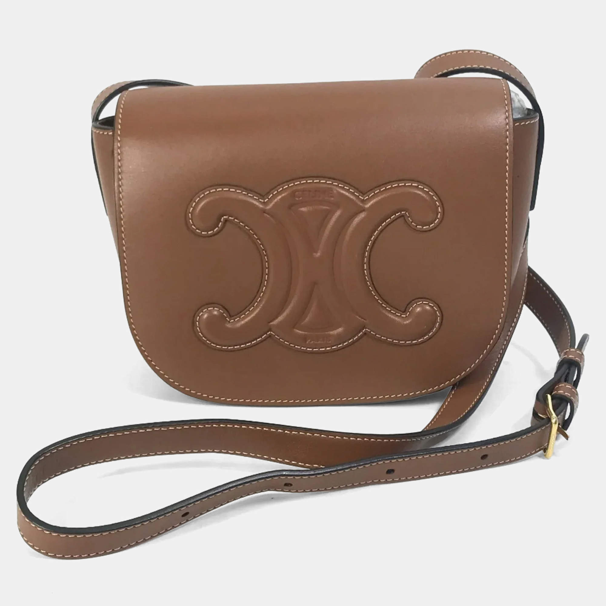مملوكة مسبقًا Celine Pochette Folco Cuir Triomphe Shoulder Bag In Leather Tan And Brown