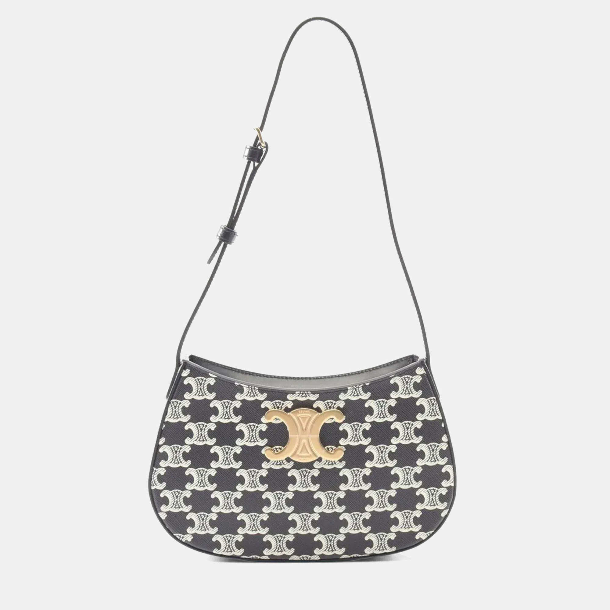 Pre Owned Celine Medium Tilly Triomphe Shoulder Bag Coated Canvas And Leather Black White