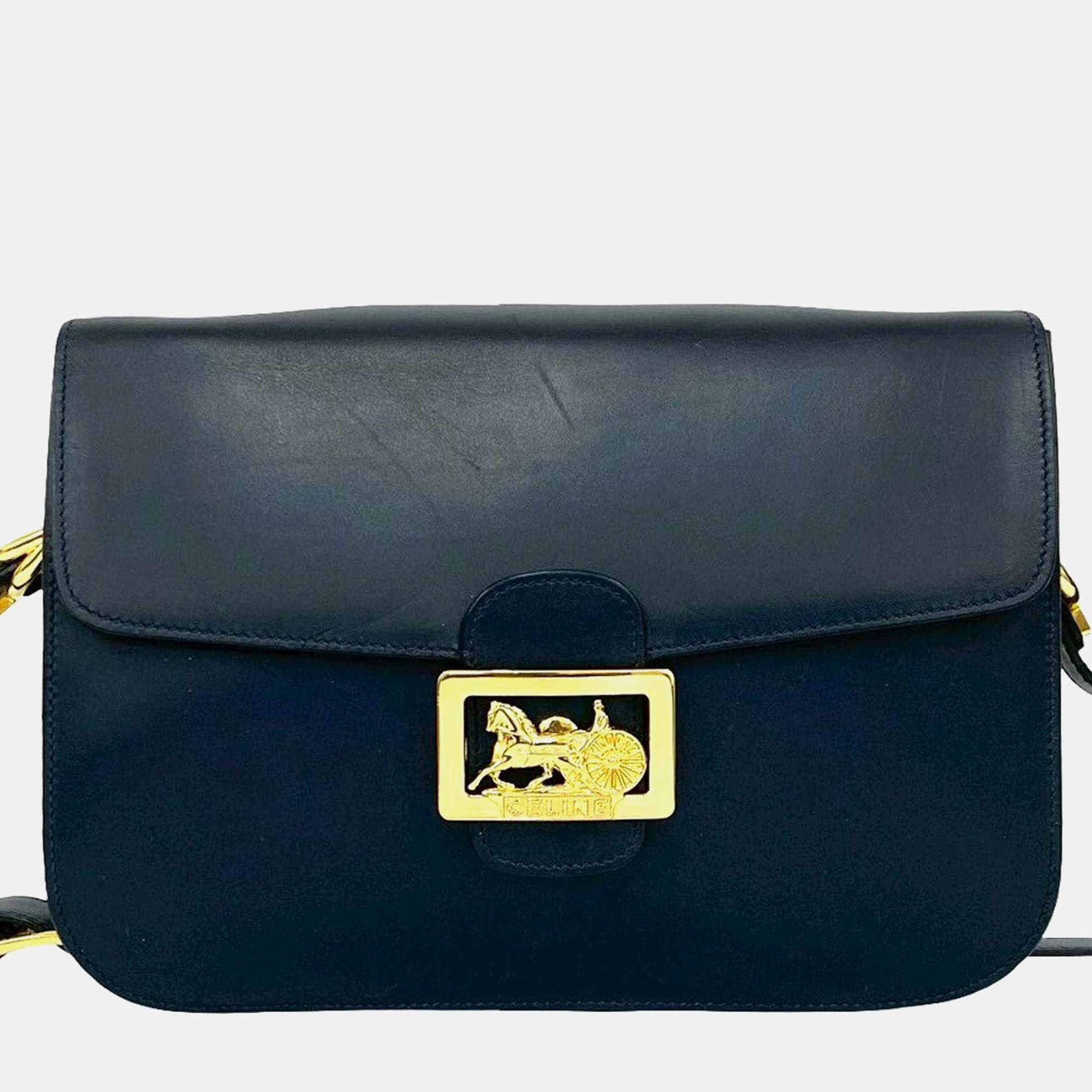 Pre Owned Celine Blue Leather Logo Horse Carriage Crossbody