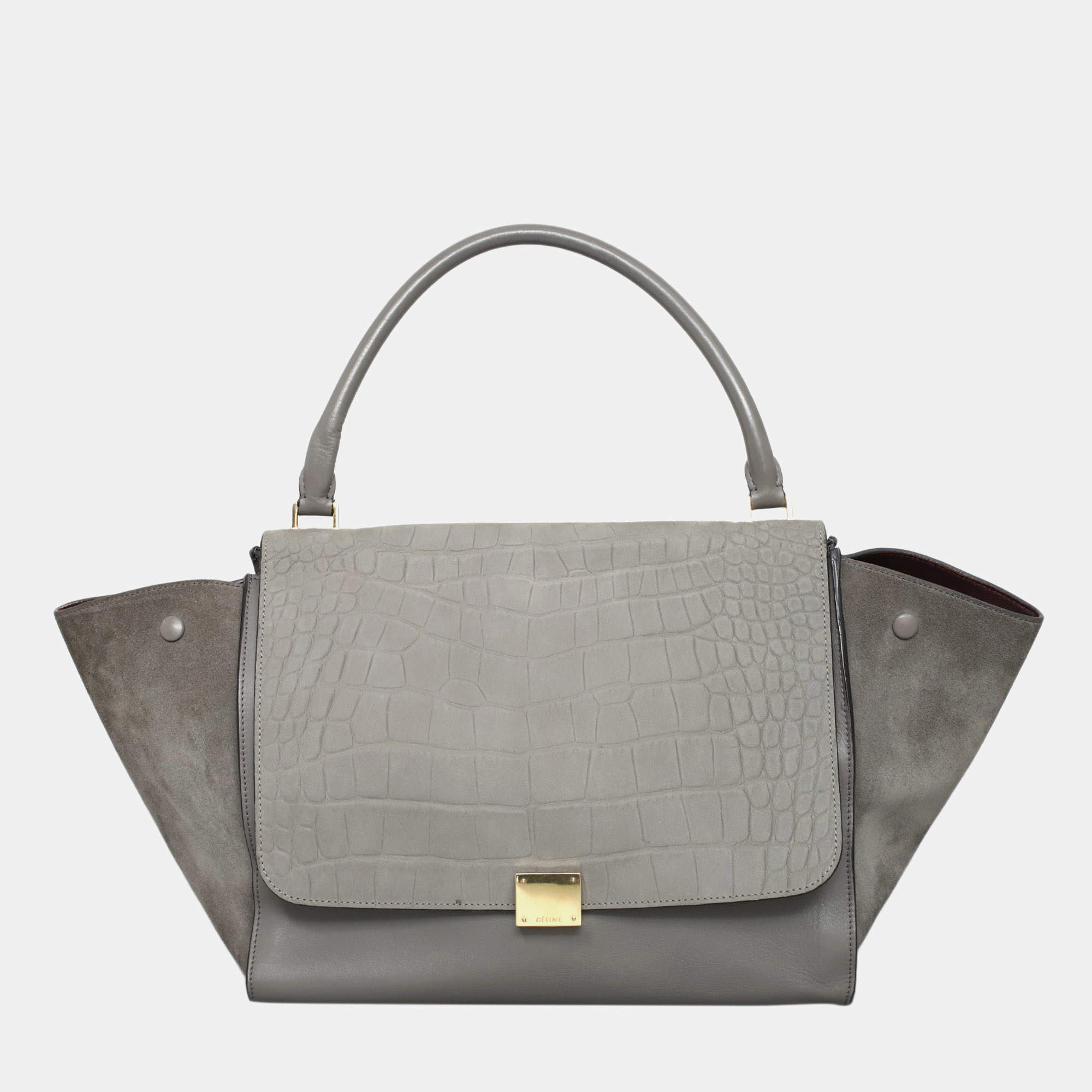 Pre Owned Celine Grey Crocodile Stamped Nubuck Large Trapeze Bag