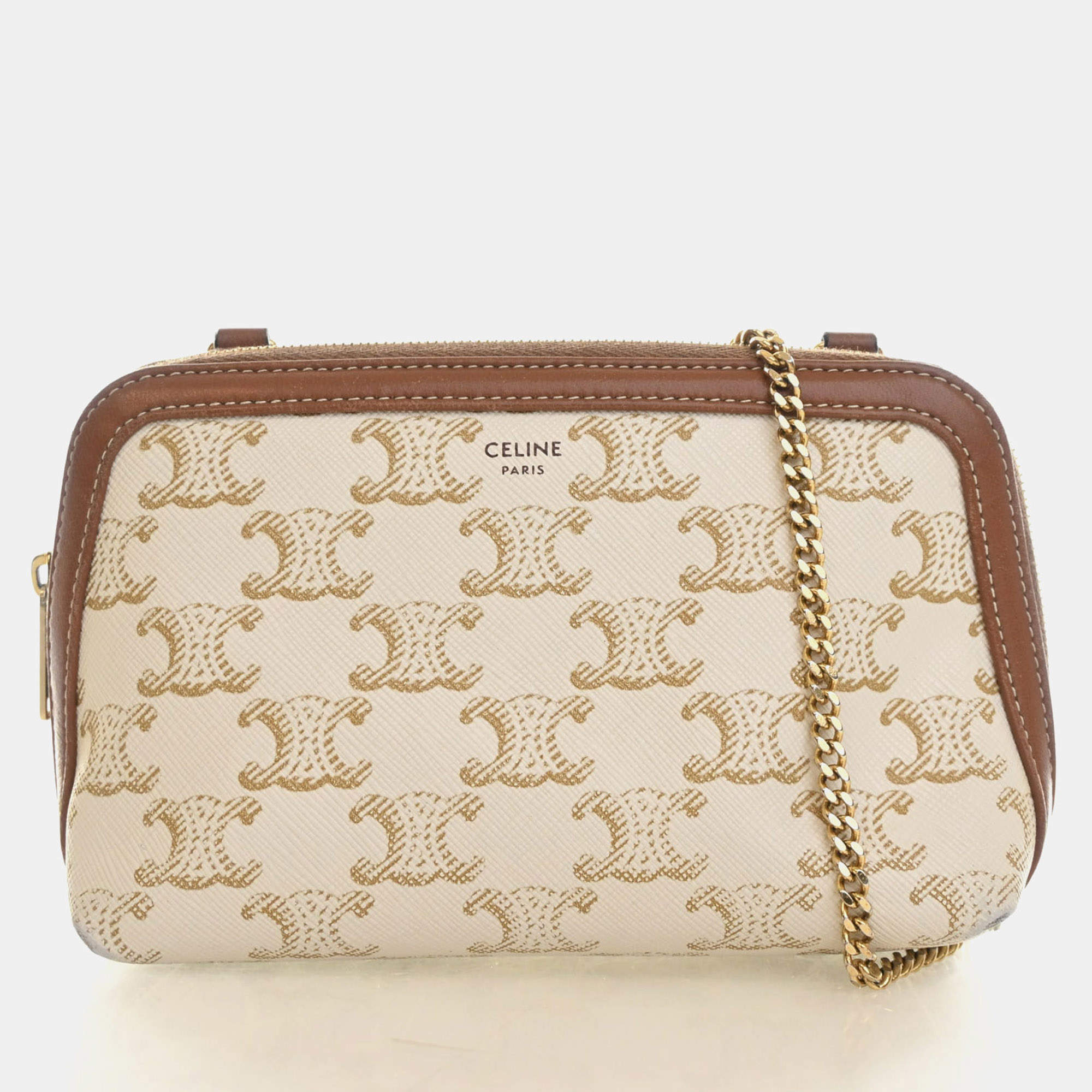 Pre Owned Celine Clutch On Chain Mini White Triomphe Canvas Lambskin Shoulder Bag