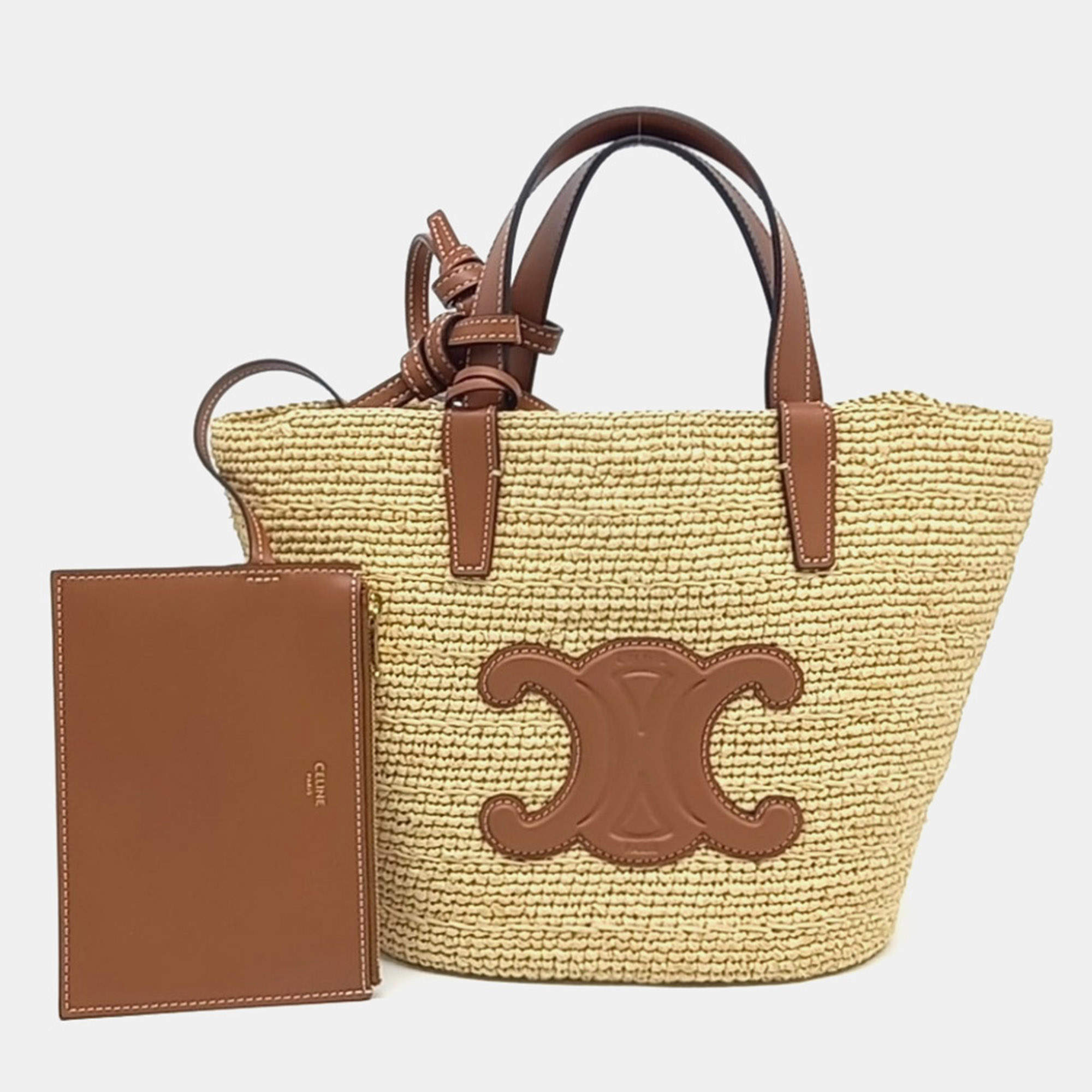 Pre Owned Celine Beige Leather and Raffia Tin Supple Classic Panier