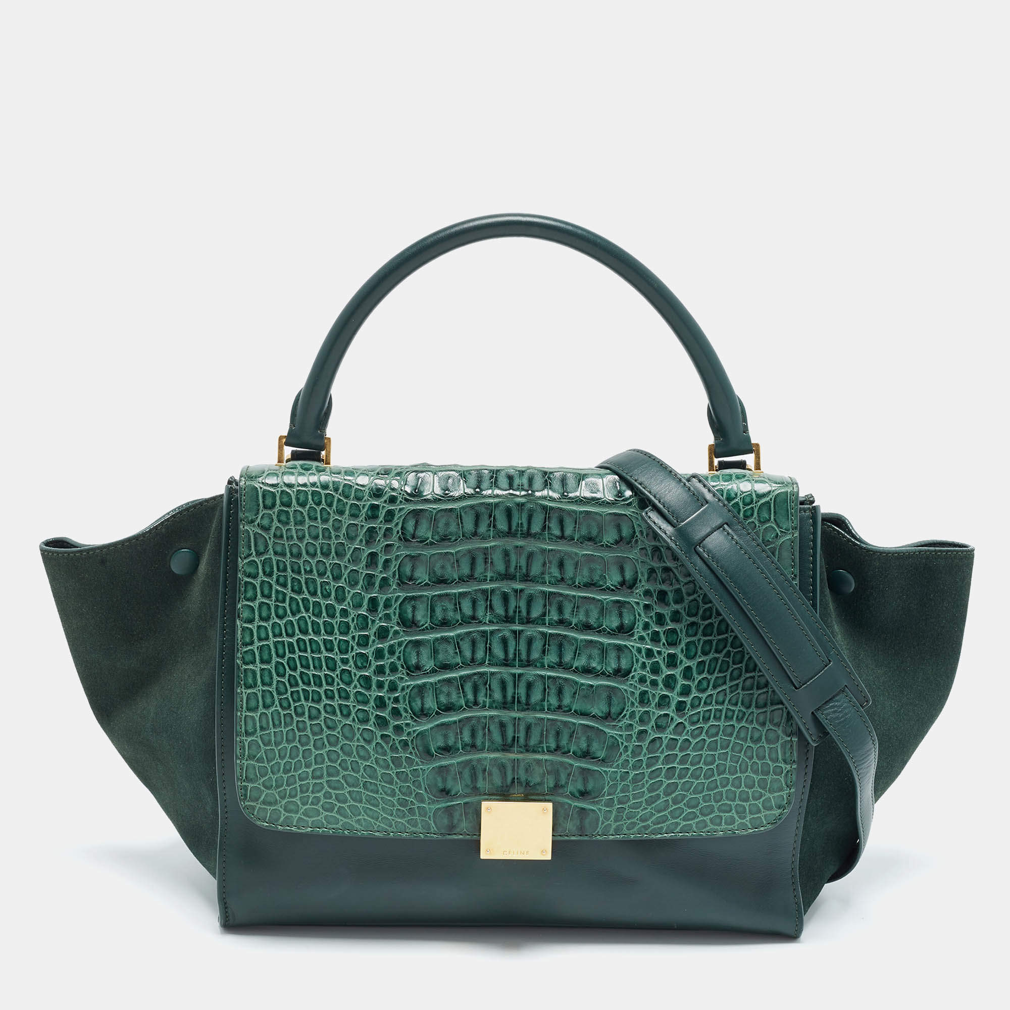 Pre Owned Celine Trapeze Medium Green Croc, Leather and Suede Top Handle Bag