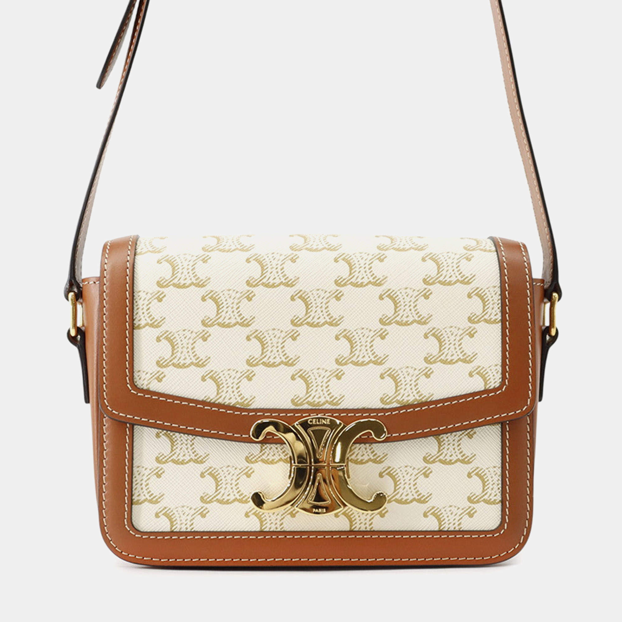 Pre Owned Celine Teen Triomphe White Triomphe Canvas Calfskin Leather Shoulder Bag