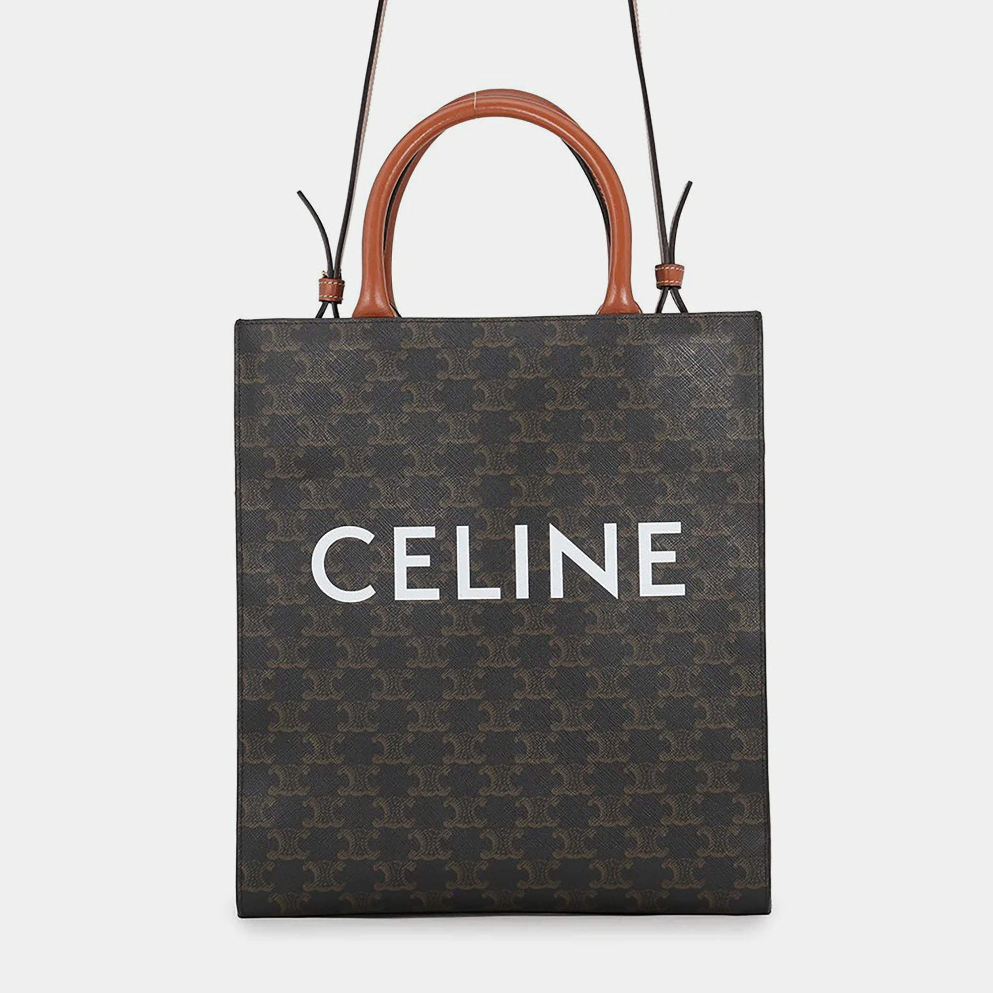 Pre Owned Celine Small Vertical Cabas Tan Triomphe PVC Calfskin Leather Top Handle Bag