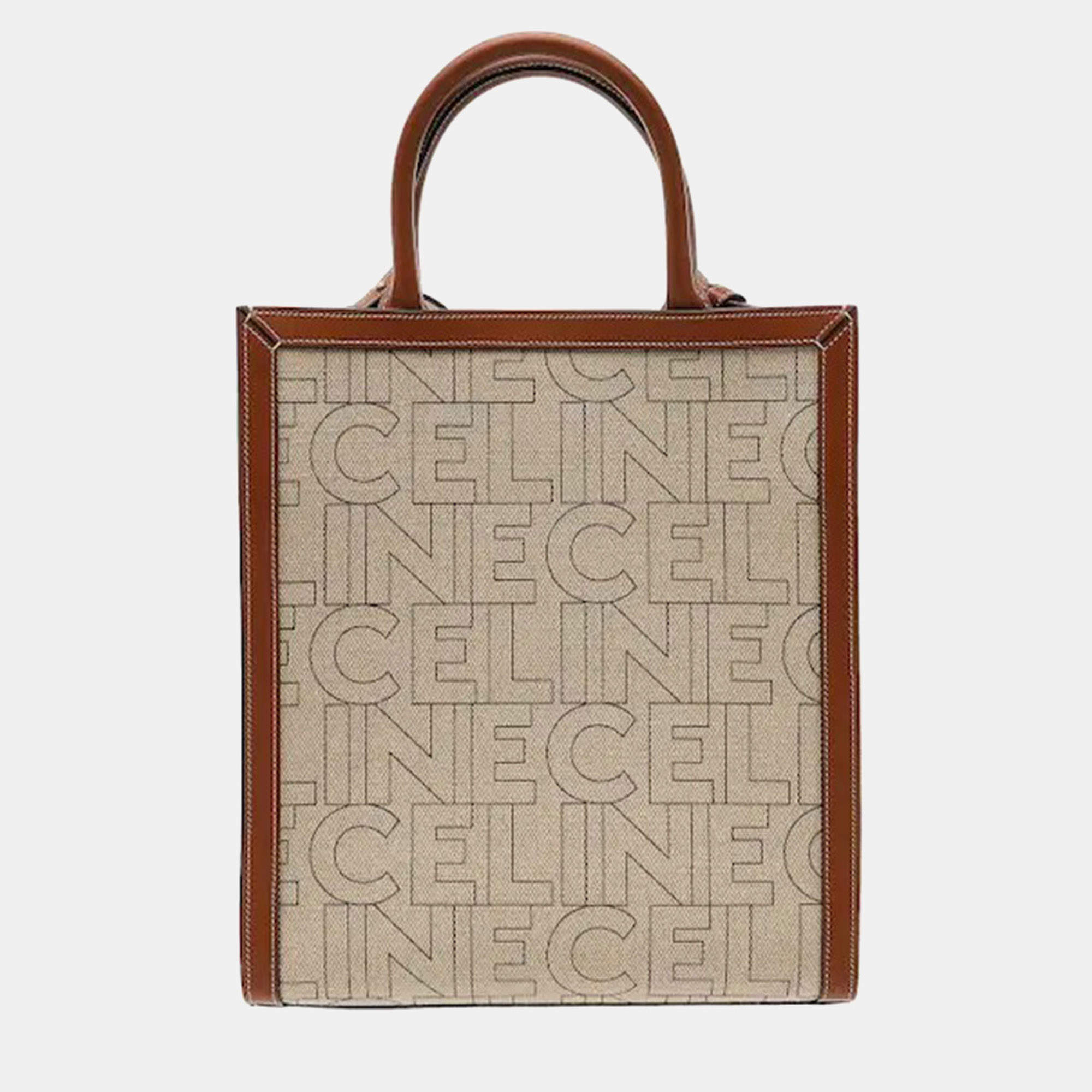 Pre Owned Celine Small Vertical Cabas All -Over Print Natural Tan Textile Calfskin Leather Tote Bag