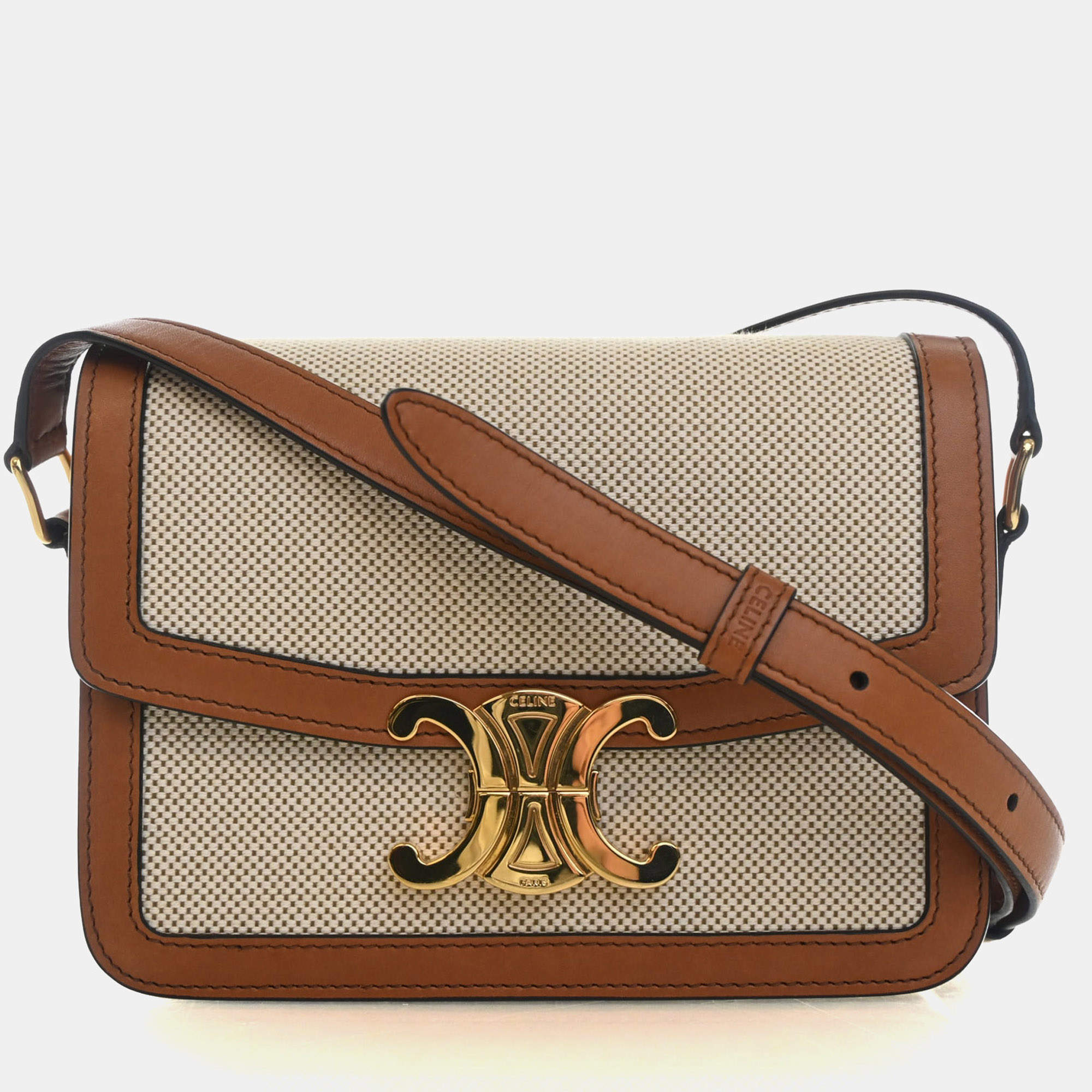 Pre Owned Celine Triomphe Teen Natural Tan Textile Calfskin Leather Crossbody Bag