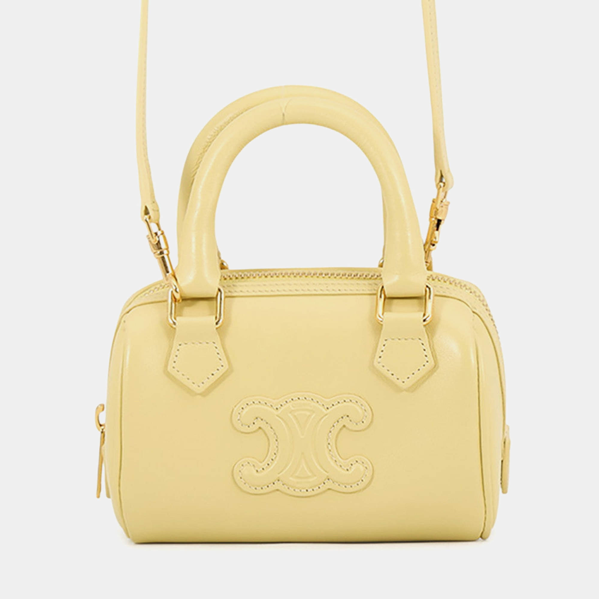 Pre Owned Celine Cuir Triomphe Boston Mini Yellow Smooth Calfskin Leather Top Handle Bag