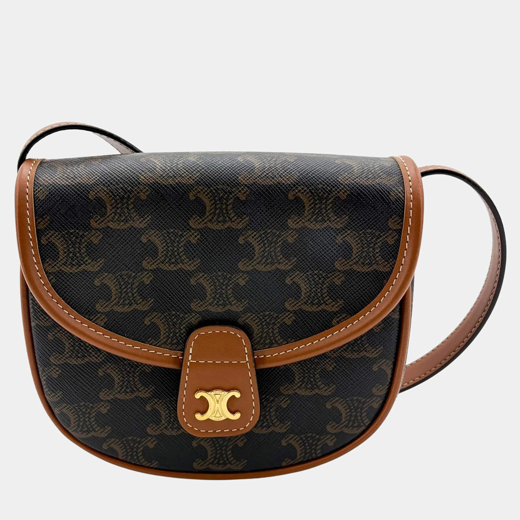Pre Owned Celine Mini Besace Triomphe Canvas Tan Calfskin Leather Crossbody Bag