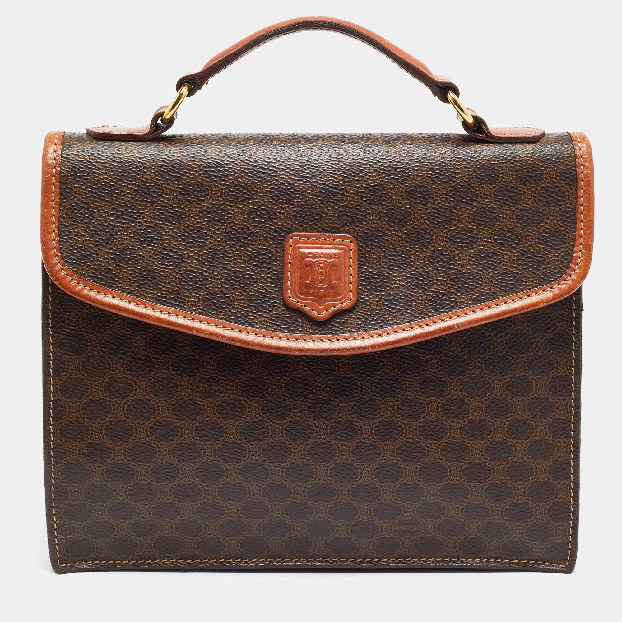 Pre Owned Celine Brown Macadam Coated Canvas Top Handle Bag