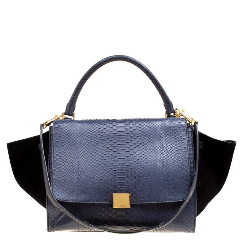Pre Owned Celine Blue/Black Python and Suede Medium Trapeze Bag