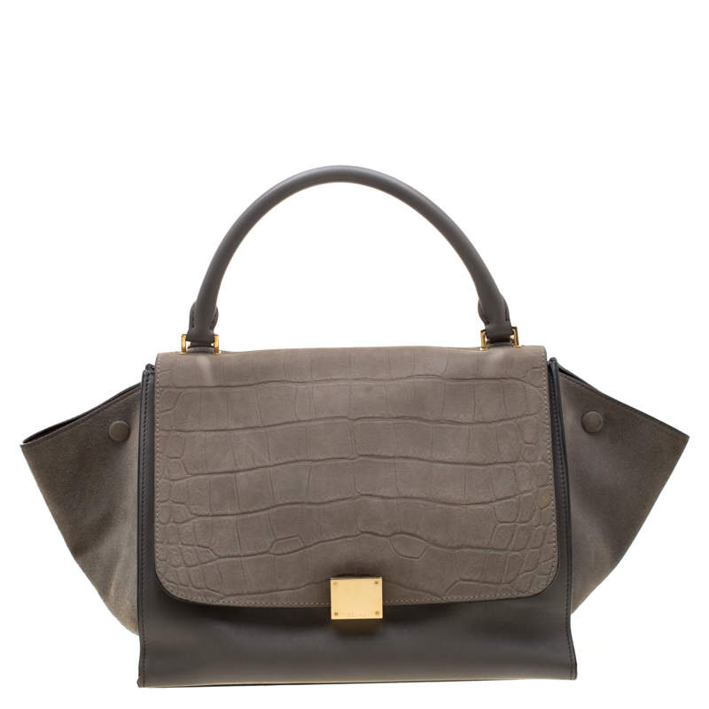 Pre Owned حقيبة سيلين ترابيز سويدي وجلد نقشة التمساح رصاصي