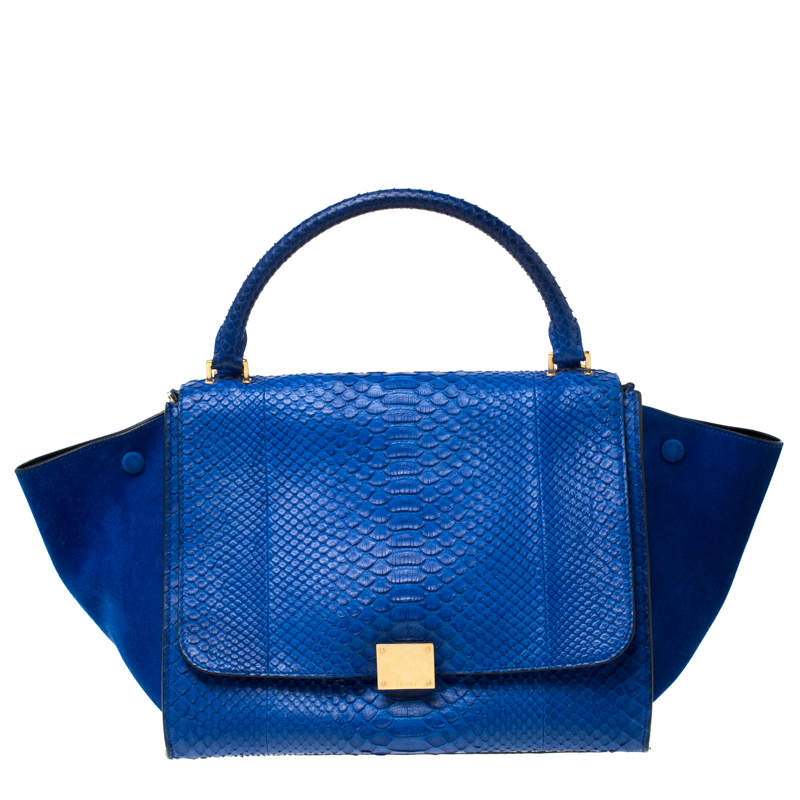Pre Owned Celine Blue Python and Suede Medium Trapeze Bag