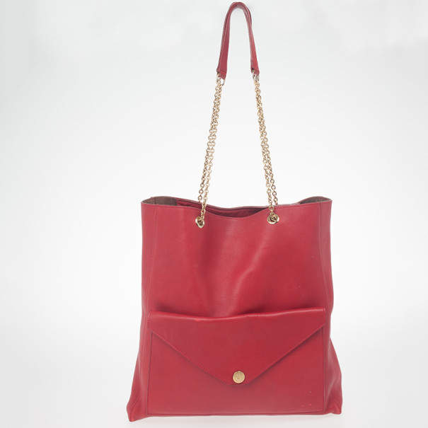 Pre Owned Celine Red Leather Envelope Pocket Tote