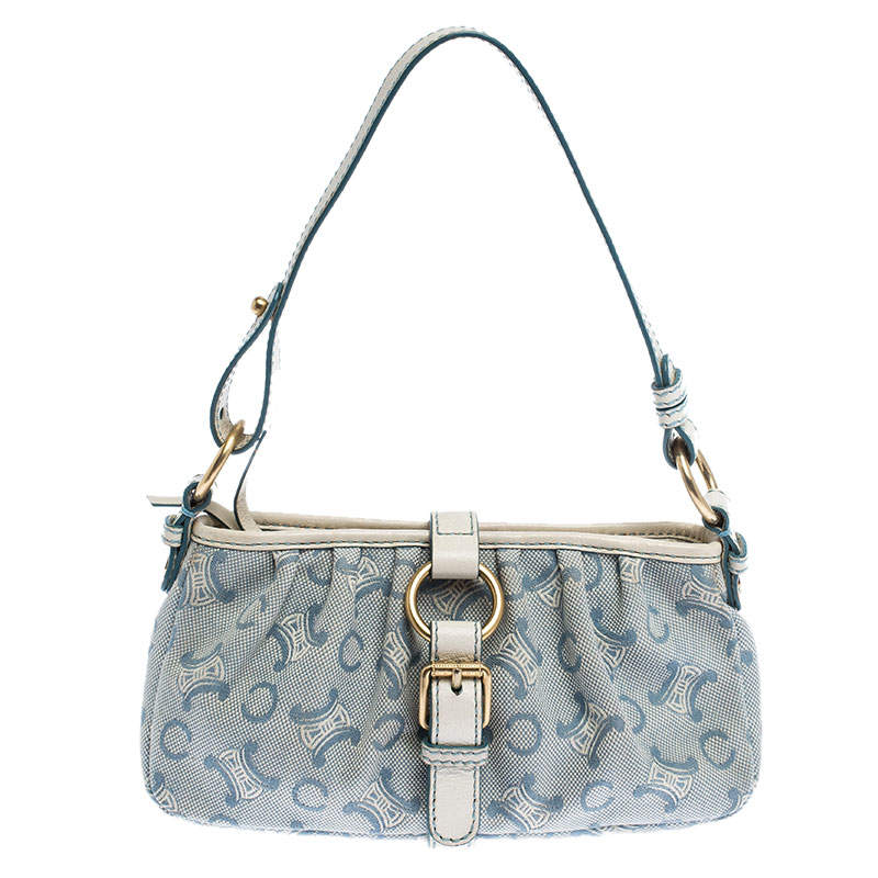 Pre Owned Celine Blue/White Monogram Canvas and Leather Shoulder Bag