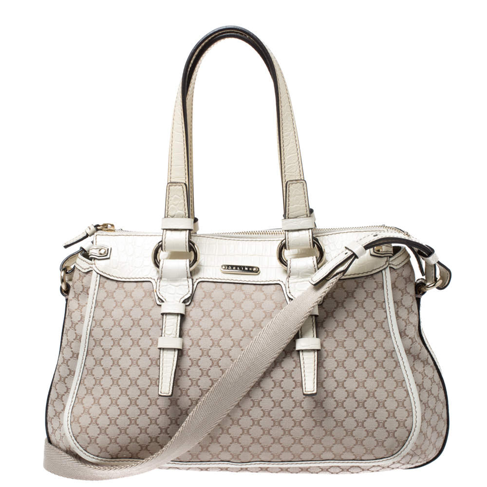 Pre Owned Celine White/Beige Macadam Canvas and Croc Embossed Leather Shoulder Bag