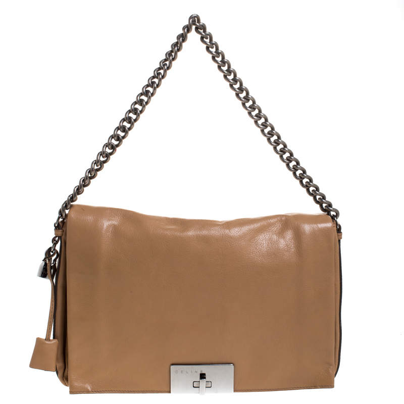 Pre Owned Celine Beige Leather Turnlock Flap Shoulder Bag