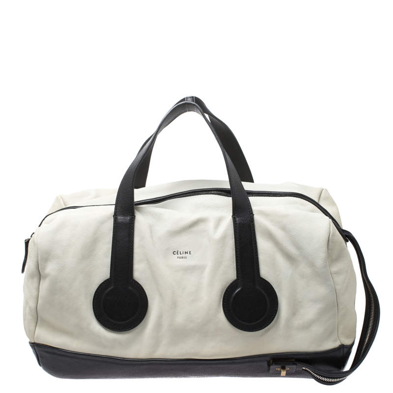 Pre Owned Celine White/Black Leather Vintage Weekender Bag