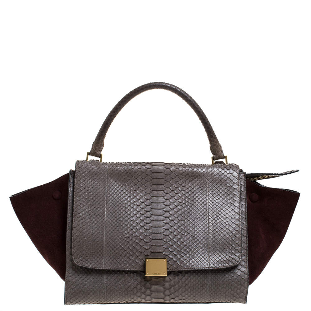 مملوكة مسبقًا Celine Burgundy/Grey Python and Suede Medium Trapeze Tote