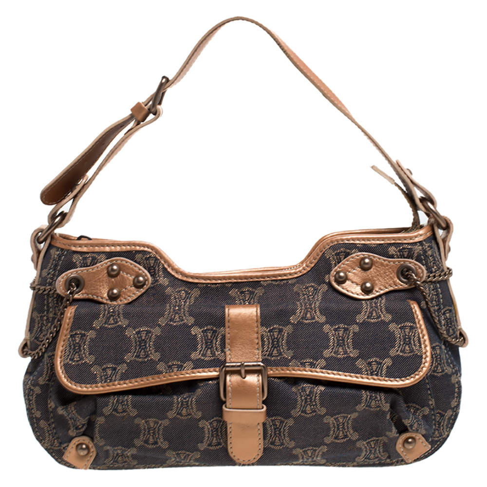 Pre Owned Celine Grey/Metallic Macadam Fabric and Leather Shoulder Bag