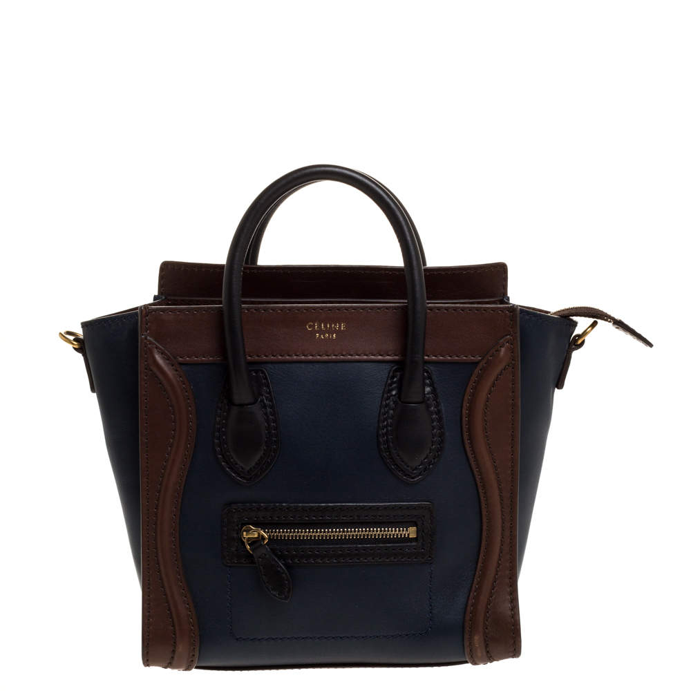 Pre Owned Celine Navy Blue/Brown Leather Nano Luggage Tote