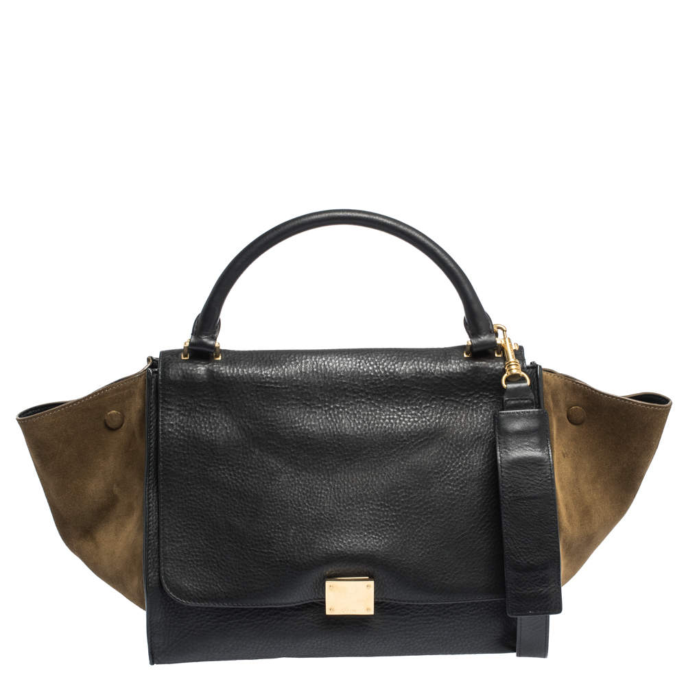 Pre Owned Celine Black/Khaki Leather and Suede Medium Trapeze Top Handle Bag