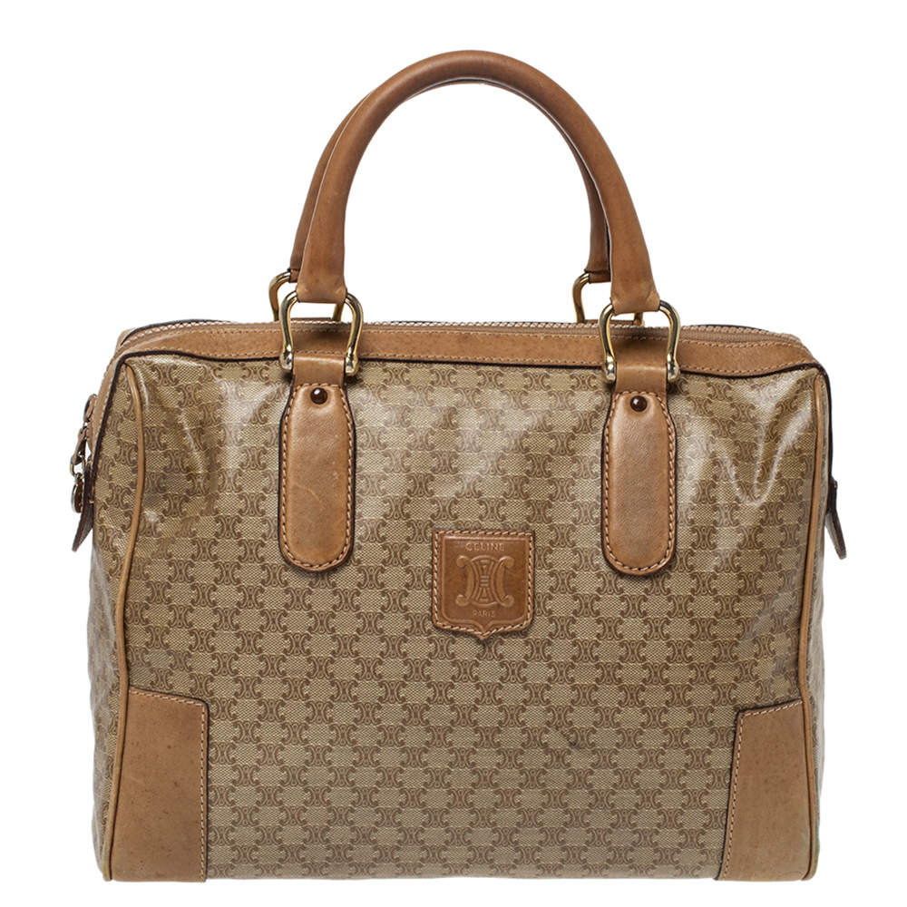 Celine Beige Coated Canvas and Leather Macadam Boston Bag