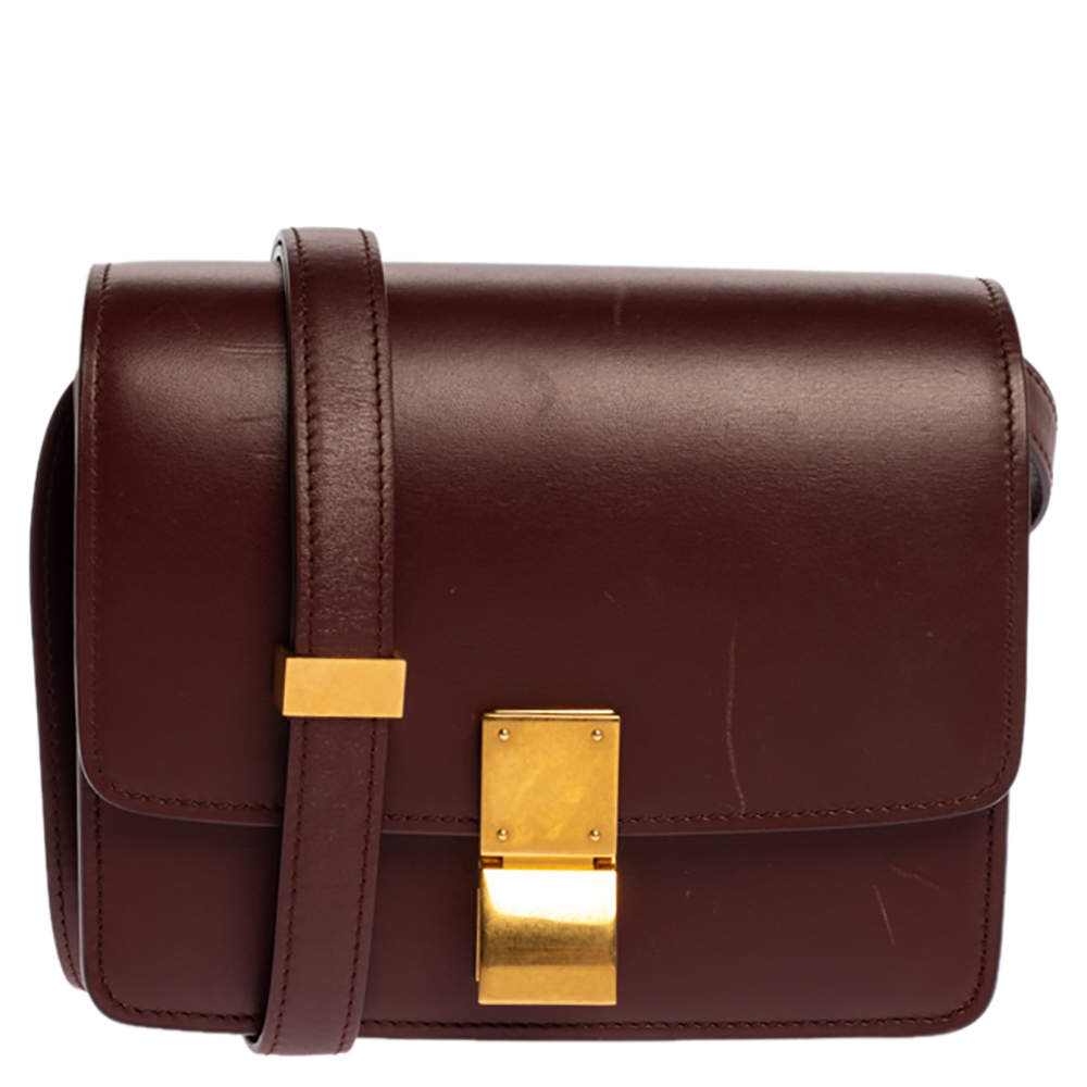 Pre Owned Celine Burgundy Leather Small Classic Box Flap Bag