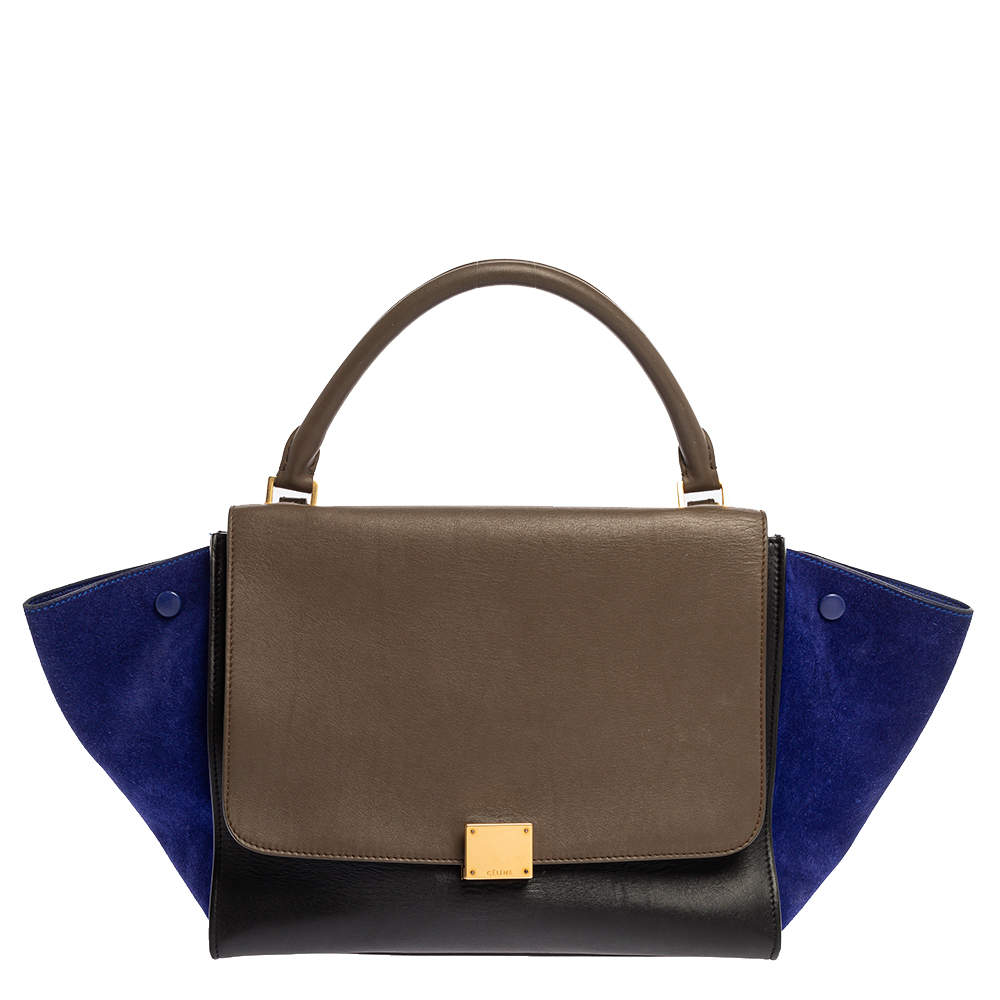 Pre Owned Celine Tri Color Leather and Suede Medium Trapeze Top Handle Bag