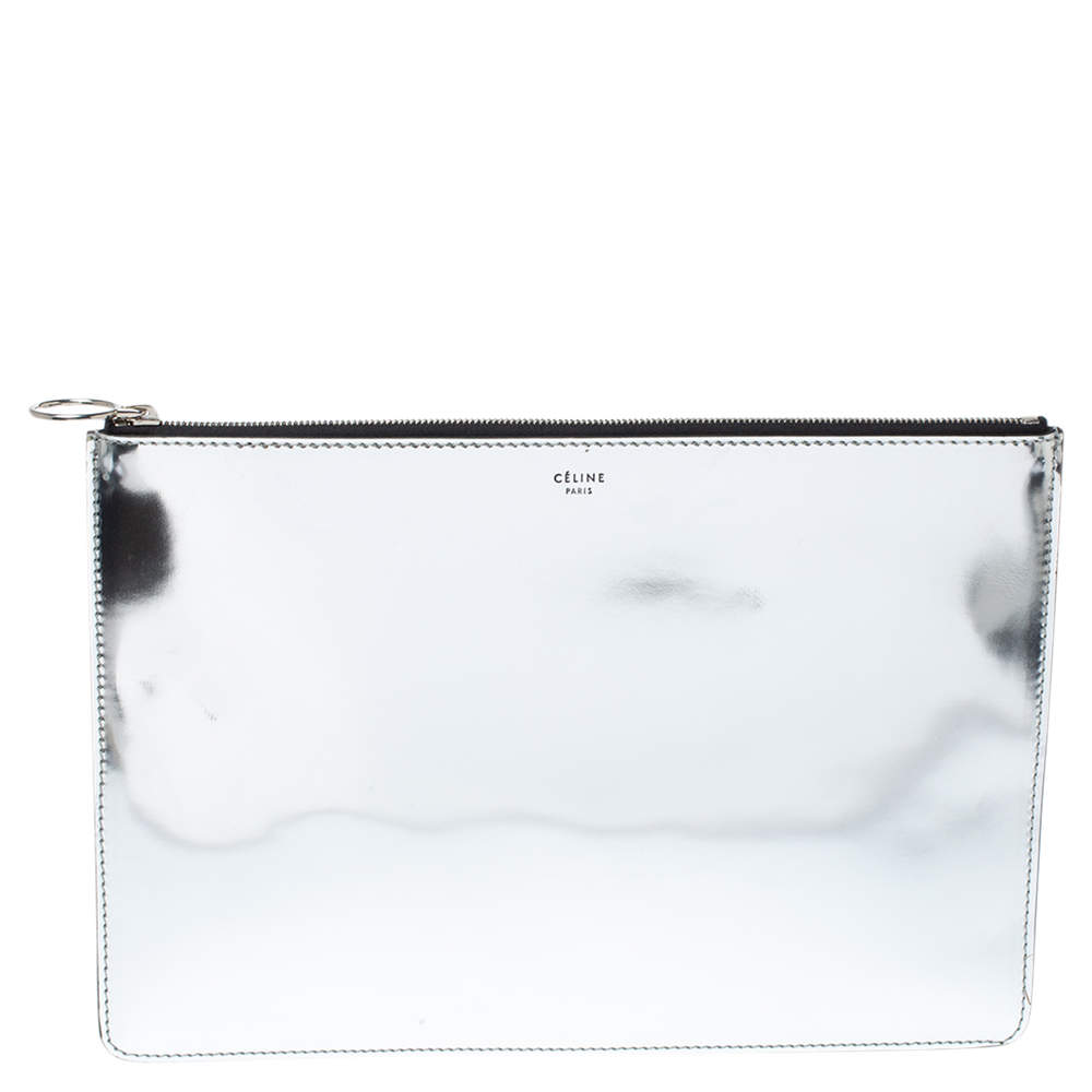Celine Silver Mirror Leather Zipped Clutch