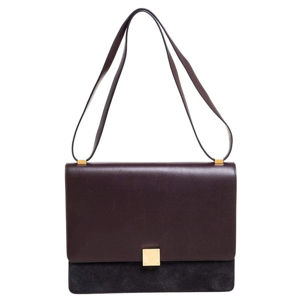 Pre Owned Celine Dark Burgundy/Grey Leather And Suede Medium Case Shoulder Bag