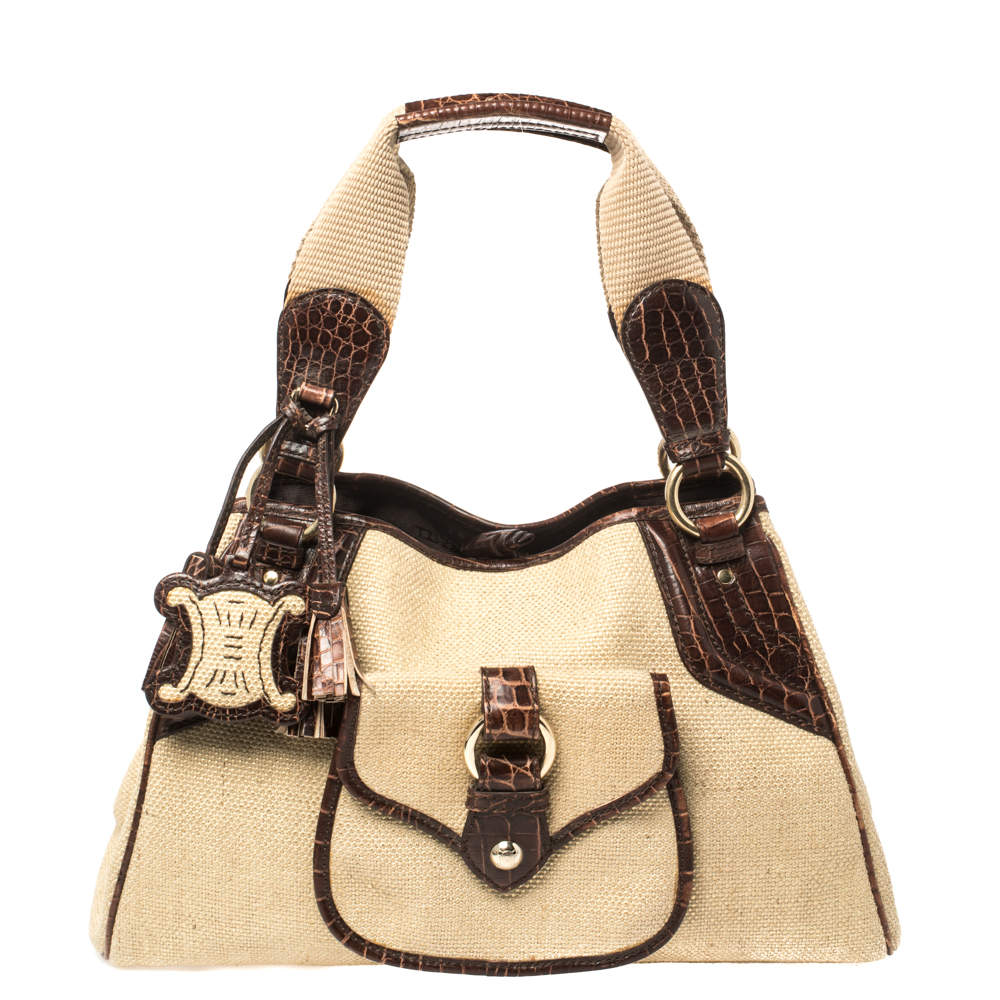 Pre Owned Celine Brown/Beige Canvas and Croc Embossed Leather Boogie Tassel Tote