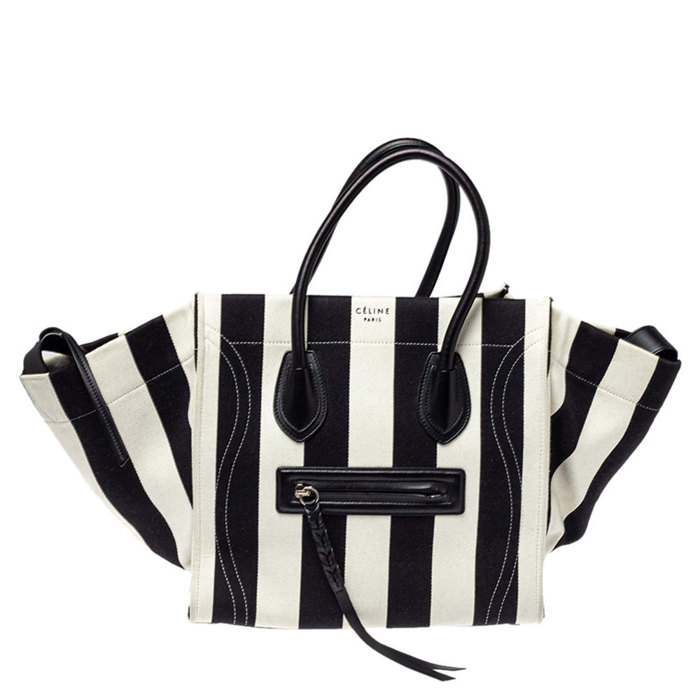 Pre Owned Celine Black/White Striped Canvas and Leather Medium Phantom Luggage Tote