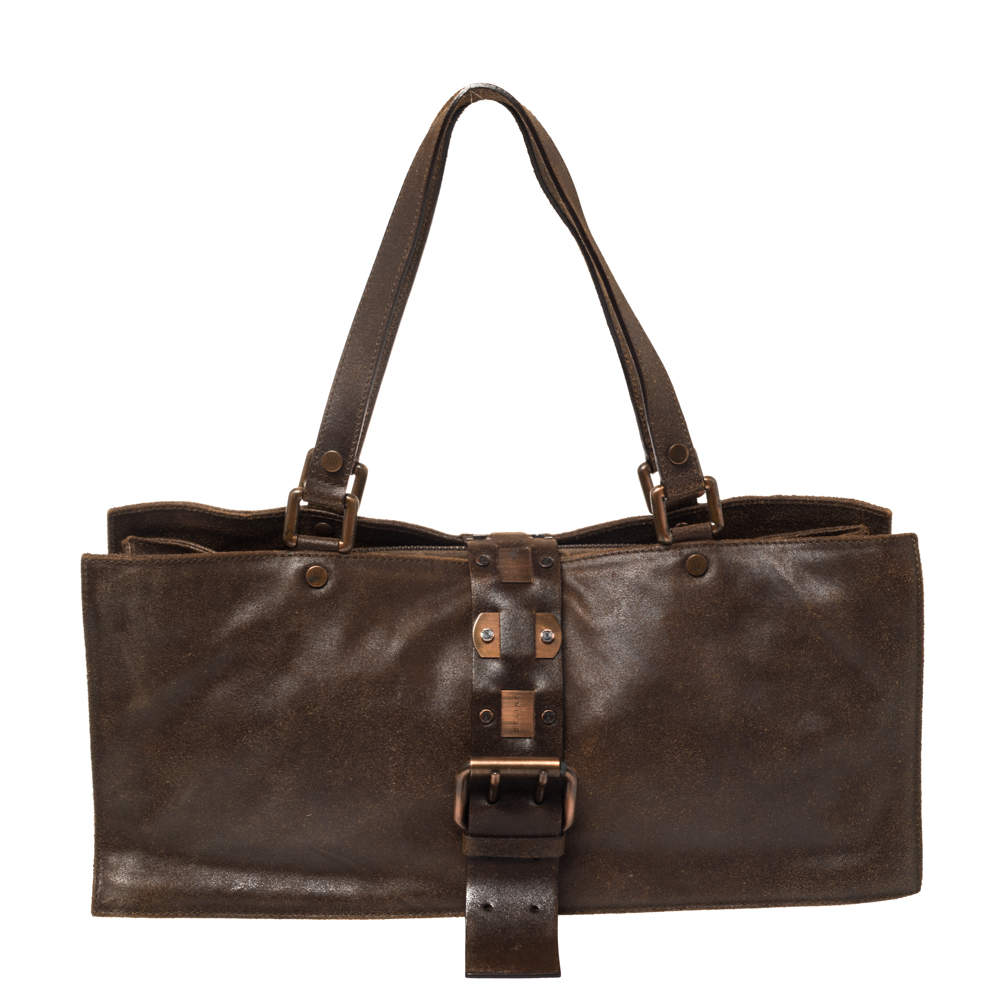 Pre Owned Celine Dark Brown Nubuck Leather Buckle Flap Tote