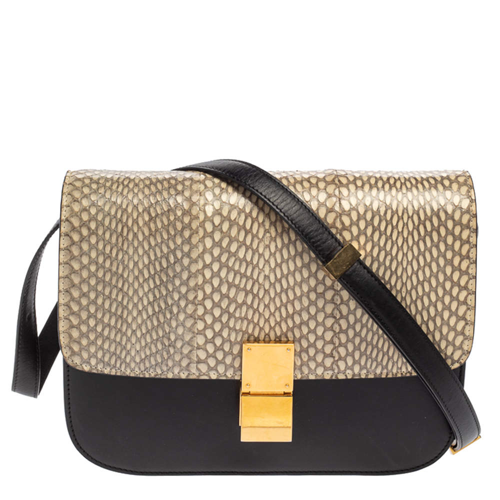 Pre Owned Celine Black/Beige Snakeskin and Leather Medium Classic Box Shoulder Bag