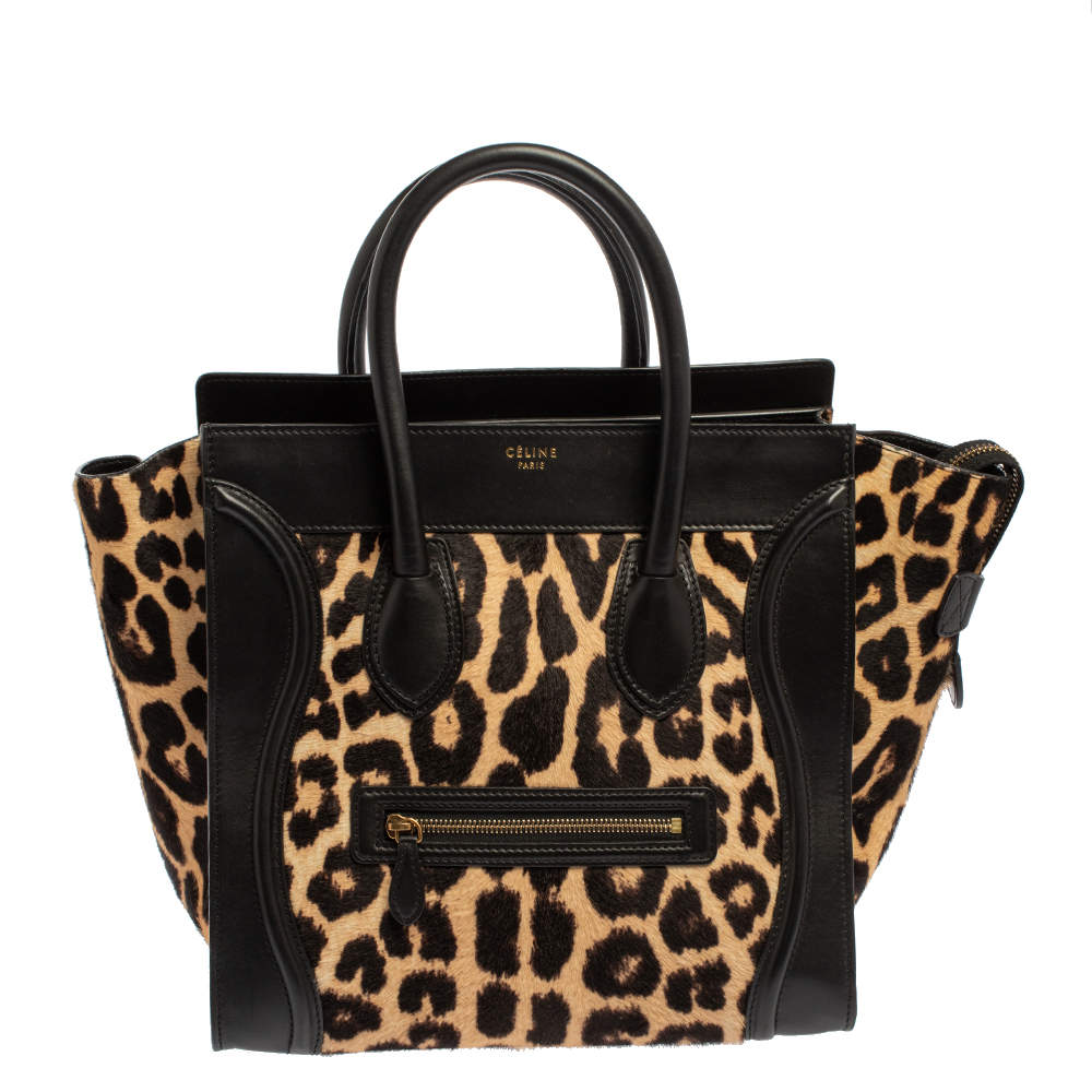 مملوكة مسبقًا Celine Black Animal Print Calf Hair and Leather Mini Luggage Tote