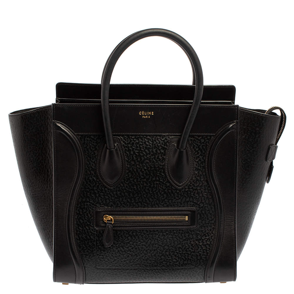 Pre Owned Celine Black Astrakhan Embossed Leather Mini Luggage Tote      