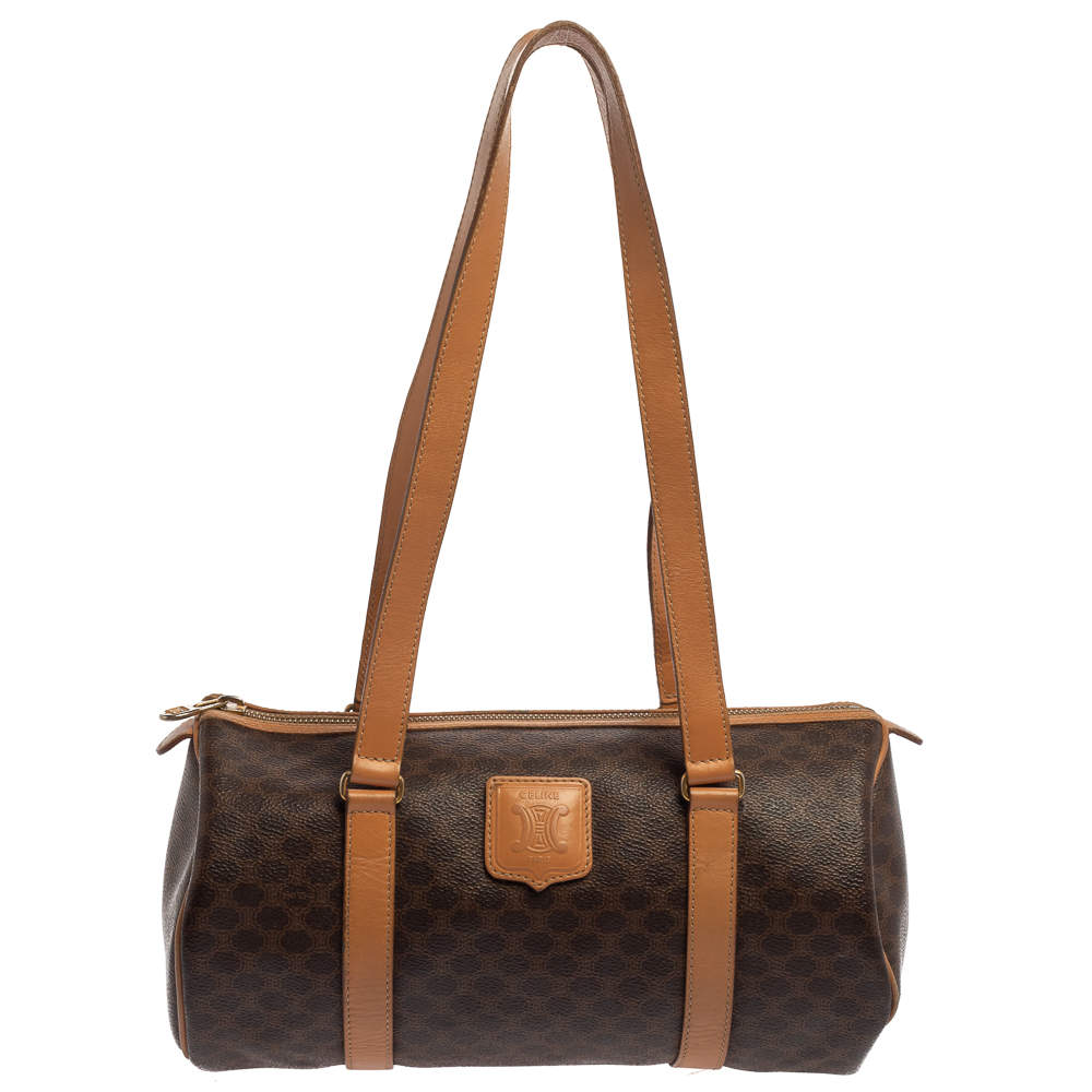 Céline Brown Coated Macadam Canvas And Tan Leather Boston Bag