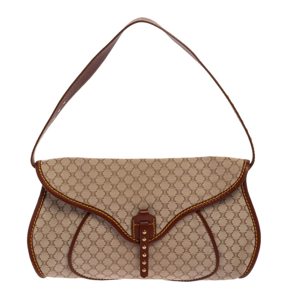 Pre Owned Celine Beige/Brown Macadam Canvas and Leather Studded Shoulder Bag