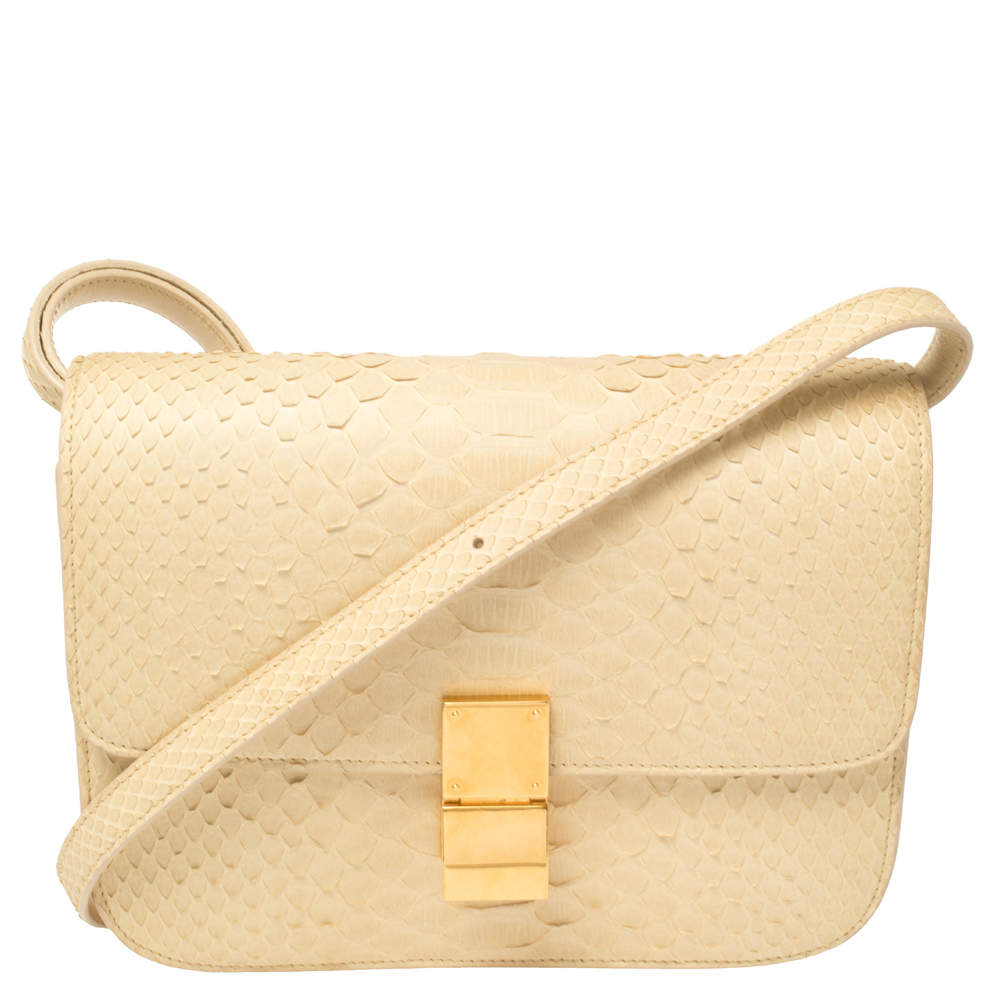 Pre Owned Celine Cream Python Medium Classic Box Shoulder Bag