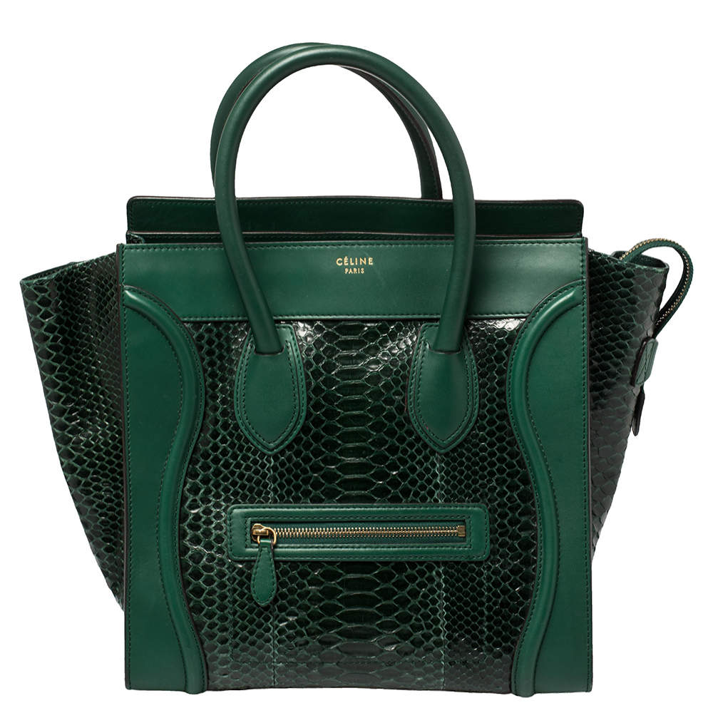 Pre Owned Celine Dark Green Python and Leather Mini Luggage Tote